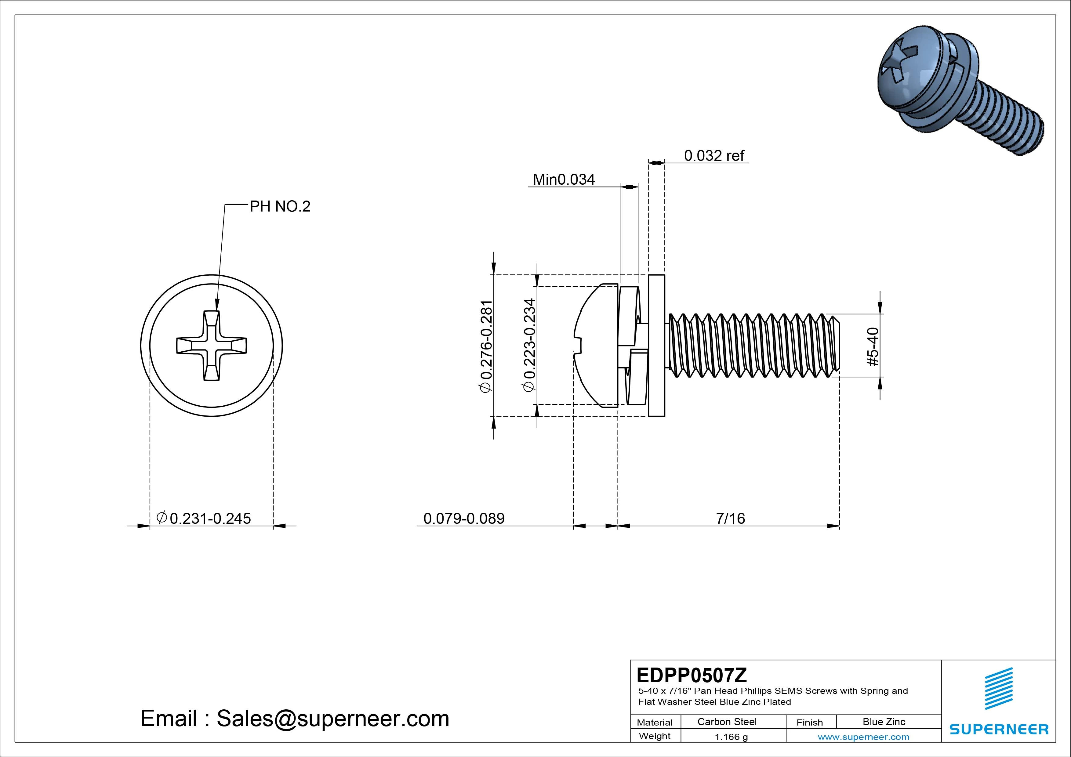 5-40 x 7/16" Pan Head Phillips SEMS Screws with Spring and Flat Washer Steel Blue Zinc Plated