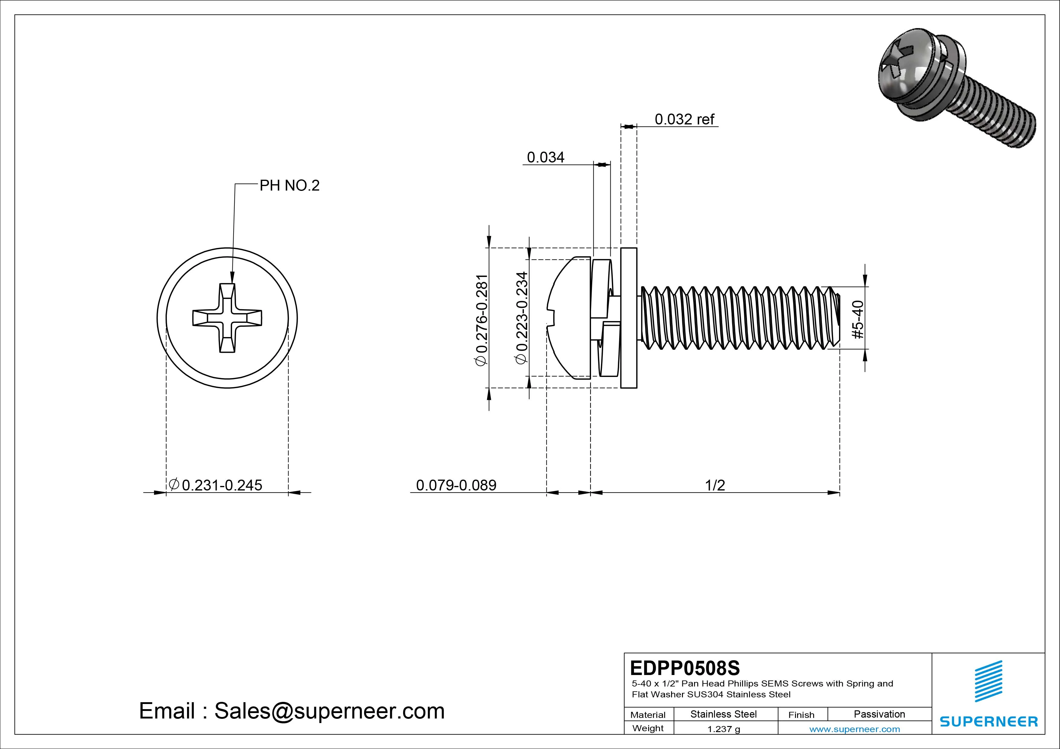 5-40 x 1/2" Pan Head Phillips SEMS Screws with Spring and Flat Washer SUS304 Stainless Steel Inox