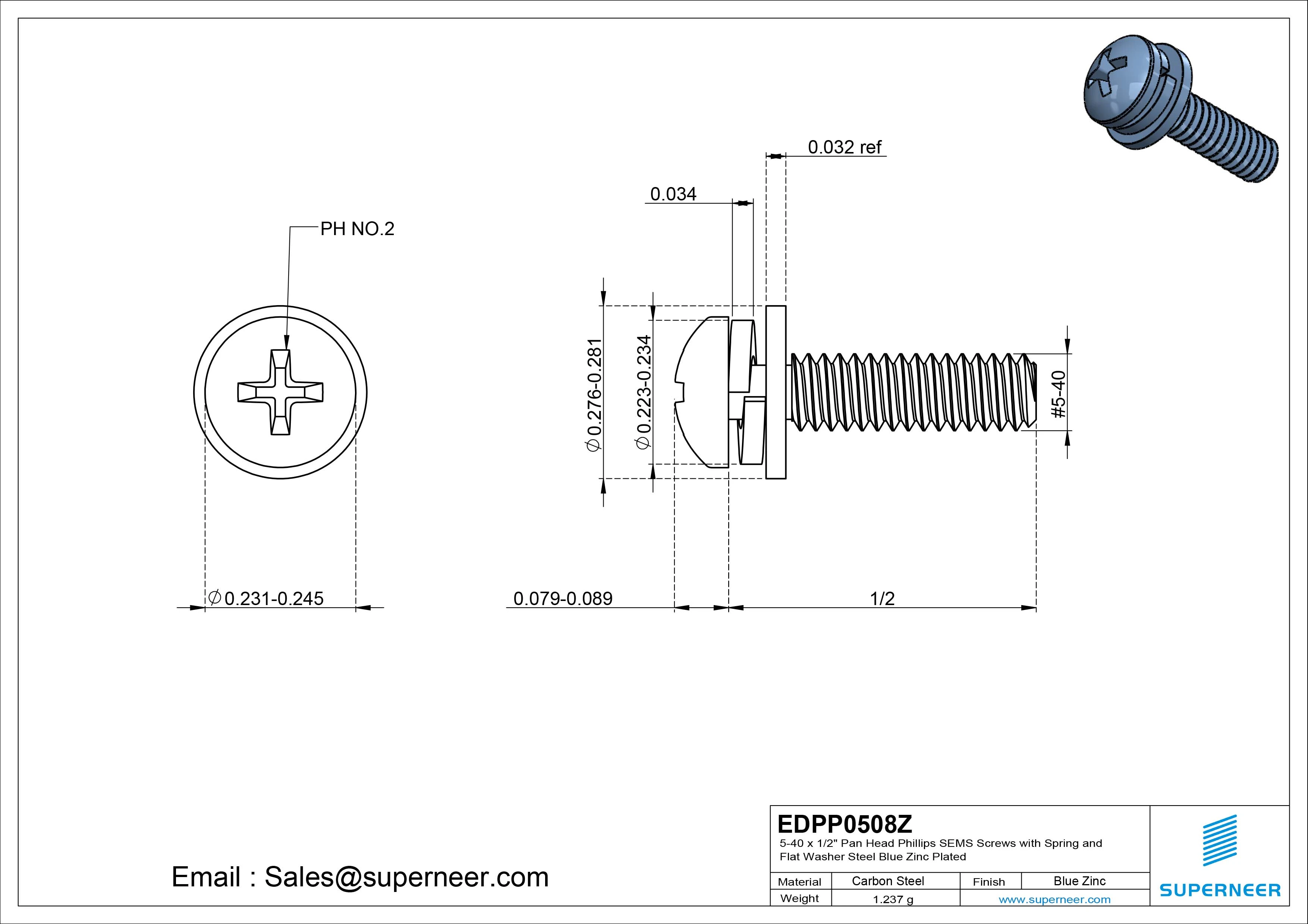 5-40 x 1/2" Pan Head Phillips SEMS Screws with Spring and Flat Washer Steel Blue Zinc Plated