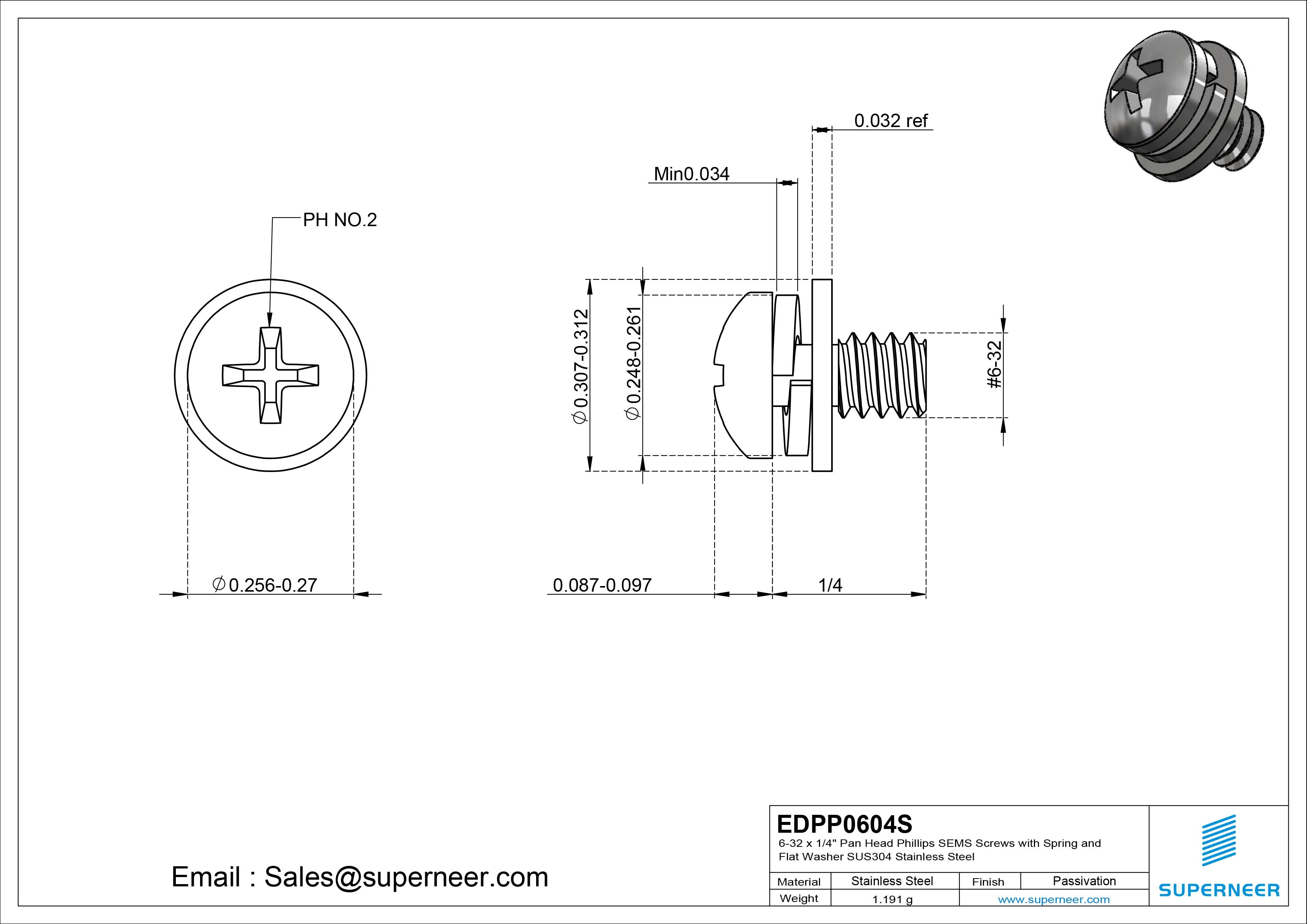 6-32 x 1/4" Pan Head Phillips SEMS Screws with Spring and Flat Washer SUS304 Stainless Steel Inox
