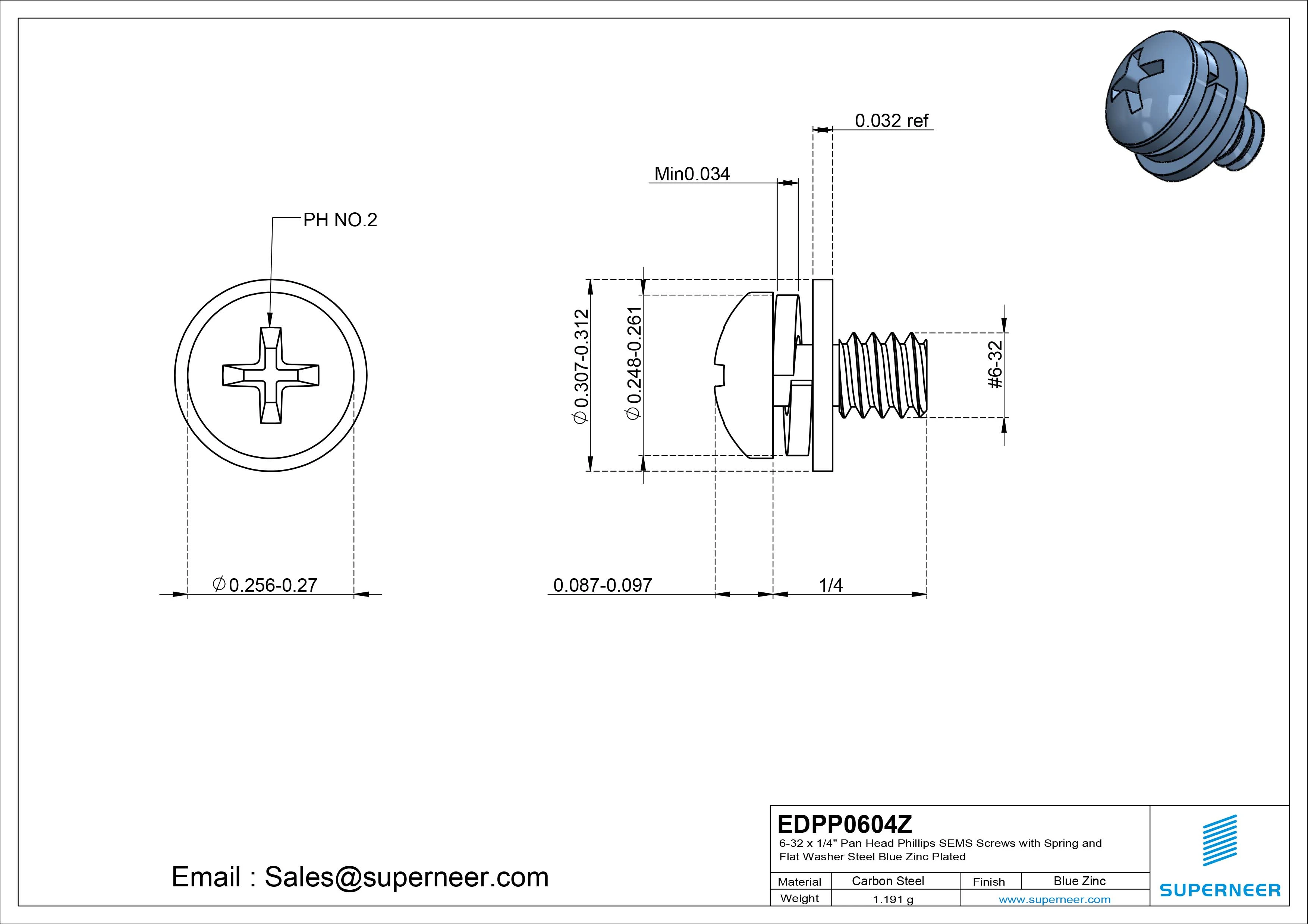 6-32 x 1/4" Pan Head Phillips SEMS Screws with Spring and Flat Washer Steel Blue Zinc Plated