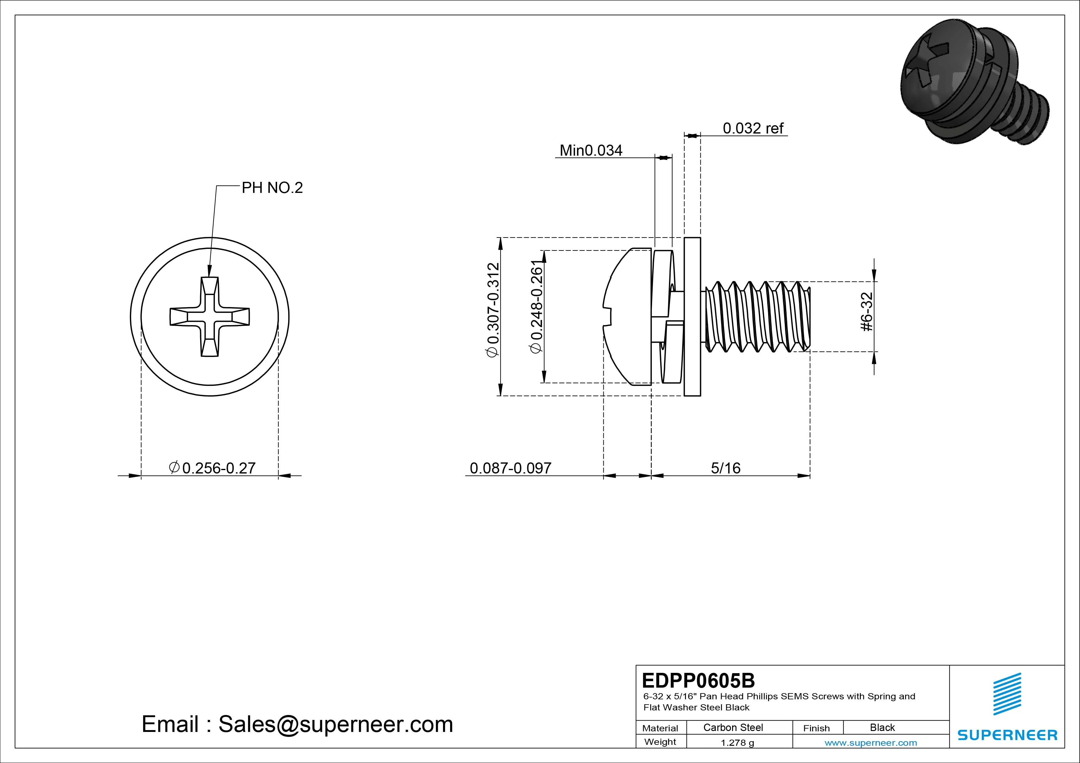 6-32 x 5/16" Pan Head Phillips SEMS Screws with Spring and Flat Washer Steel Black