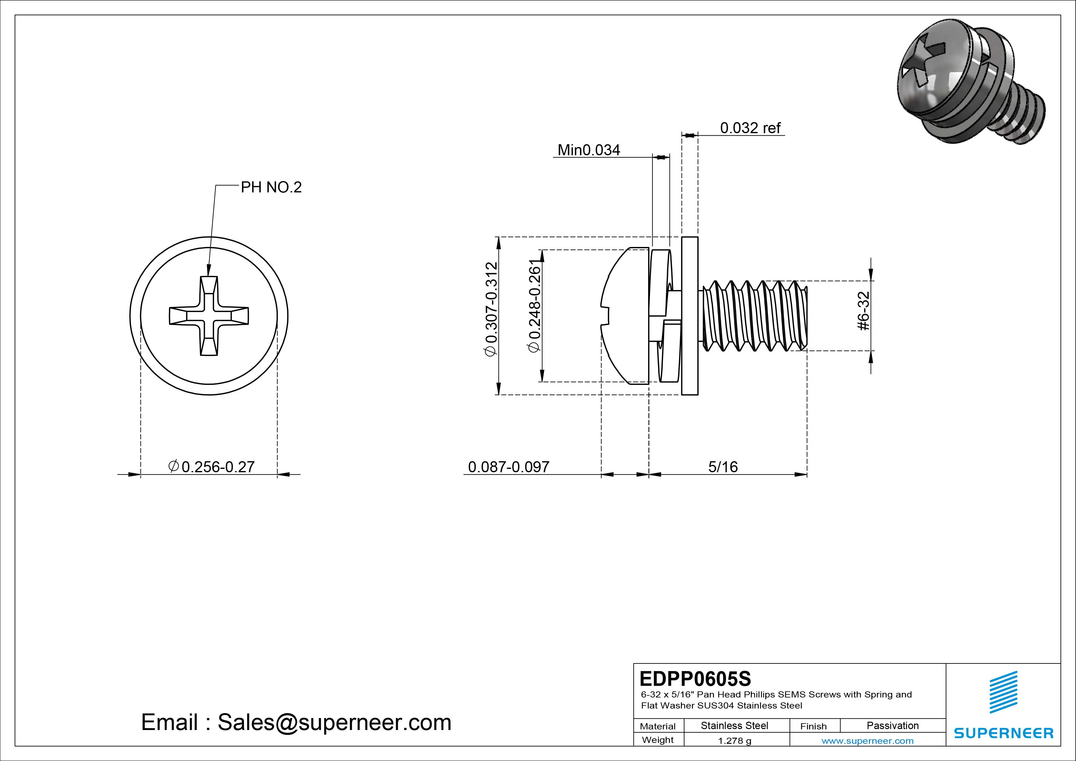 6-32 x 5/16" Pan Head Phillips SEMS Screws with Spring and Flat Washer SUS304 Stainless Steel Inox