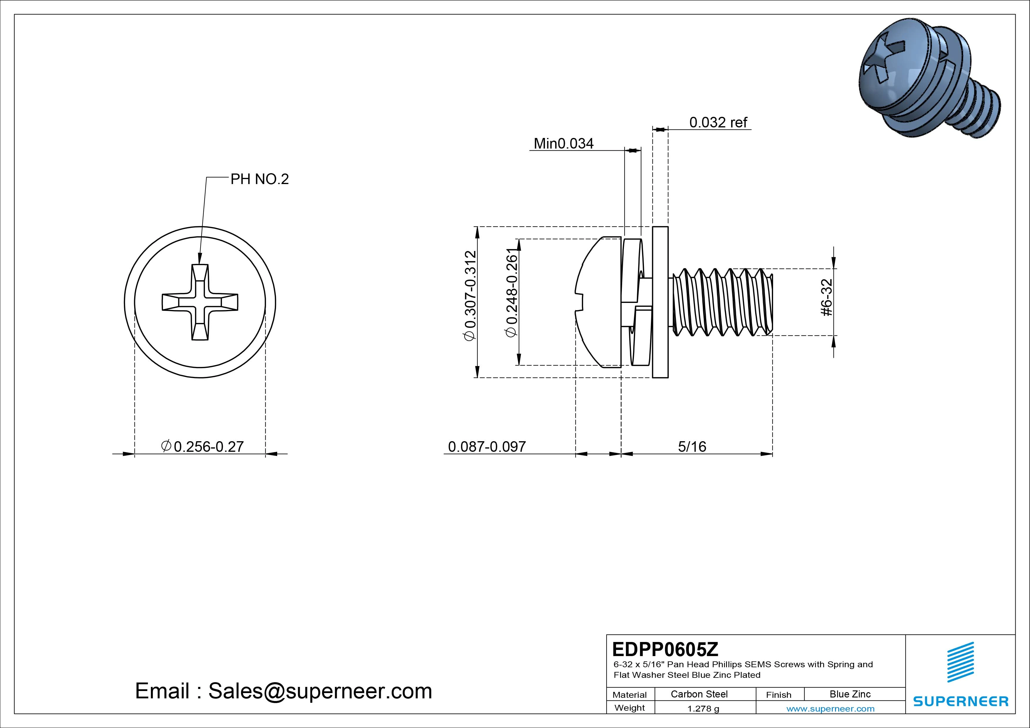6-32 x 5/16" Pan Head Phillips SEMS Screws with Spring and Flat Washer Steel Blue Zinc Plated