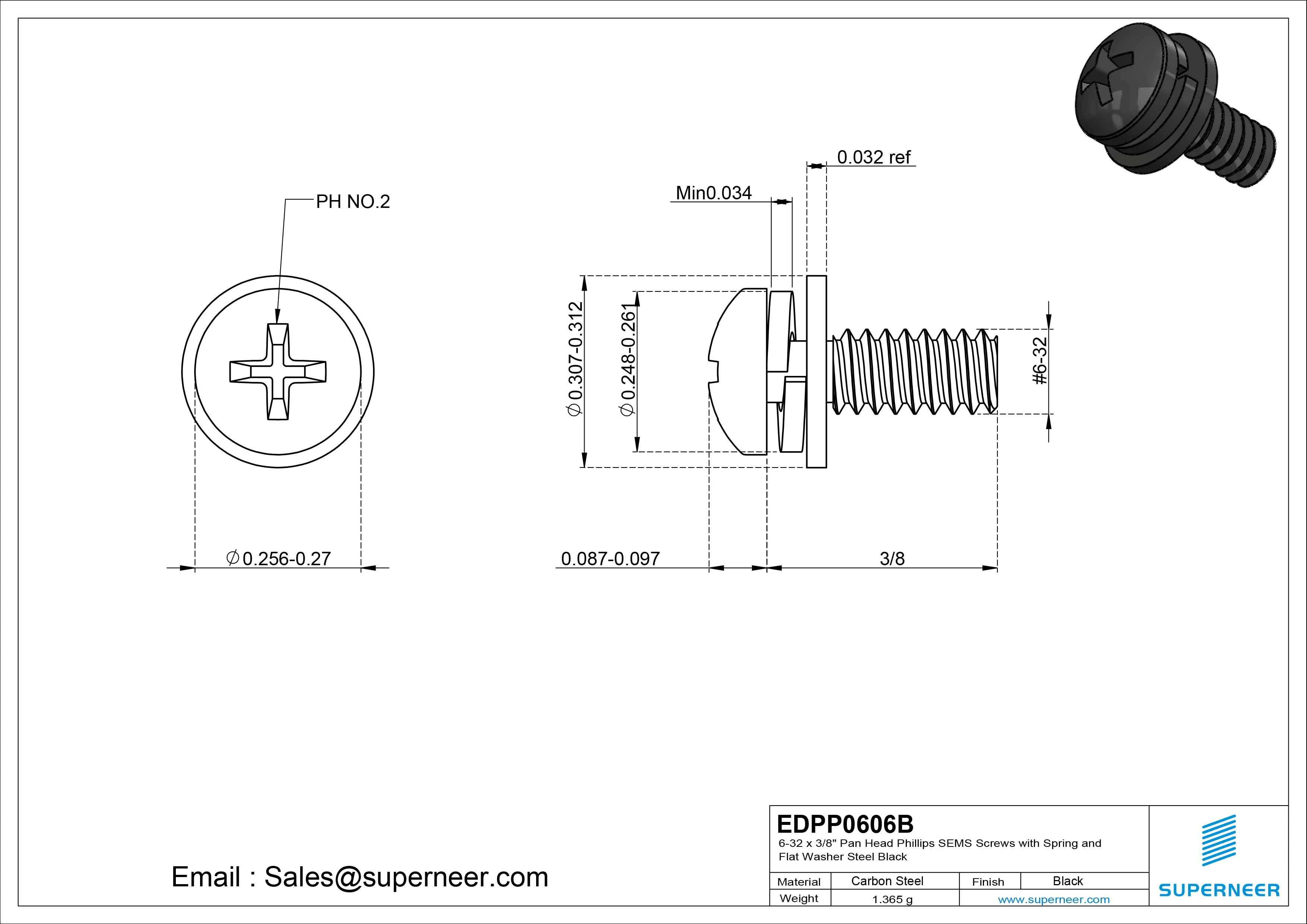 6-32 x 3/8" Pan Head Phillips SEMS Screws with Spring and Flat Washer Steel Black