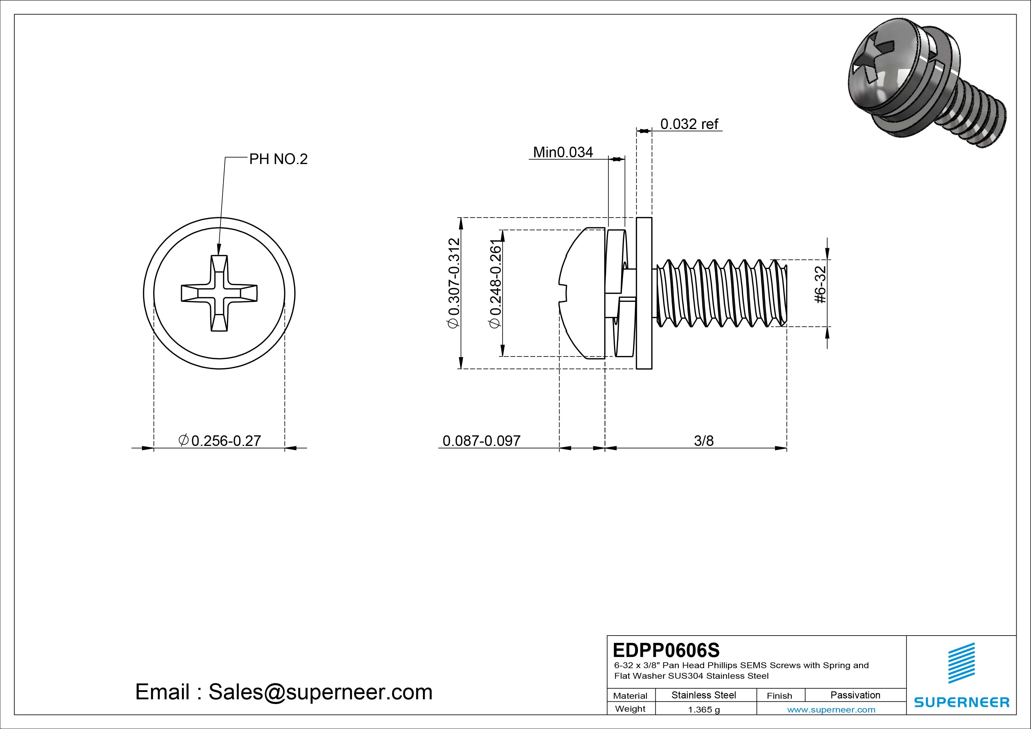 6-32 x 3/8" Pan Head Phillips SEMS Screws with Spring and Flat Washer SUS304 Stainless Steel Inox