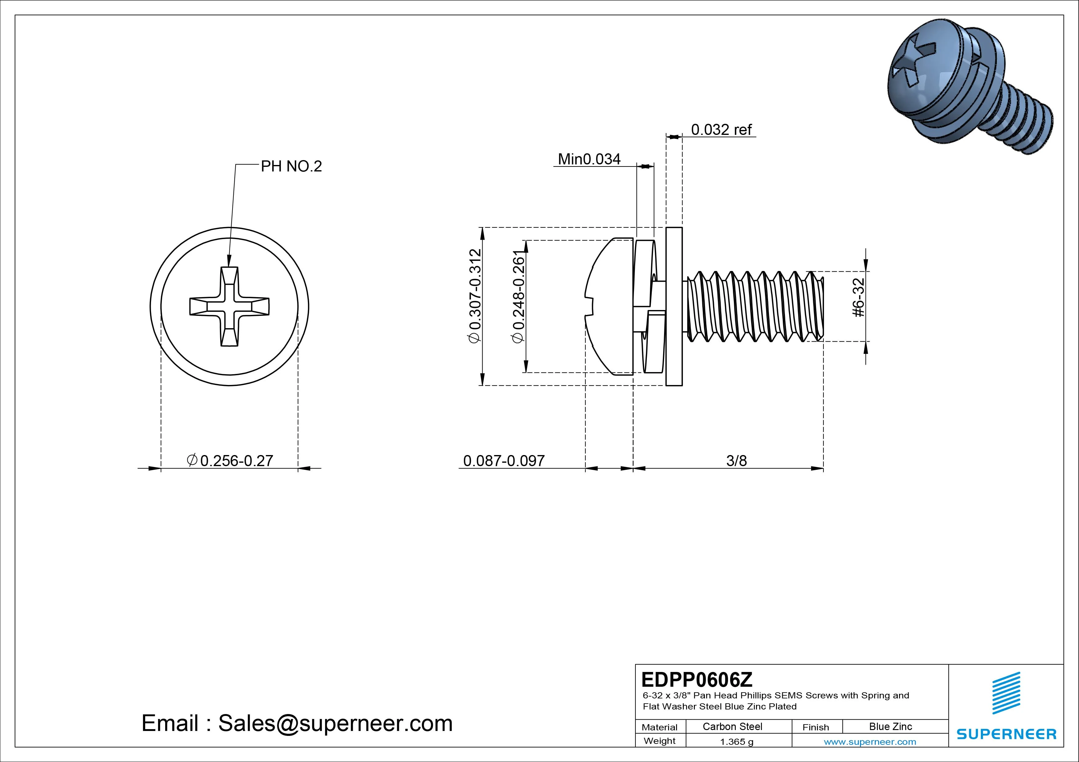 6-32 x 3/8" Pan Head Phillips SEMS Screws with Spring and Flat Washer Steel Blue Zinc Plated