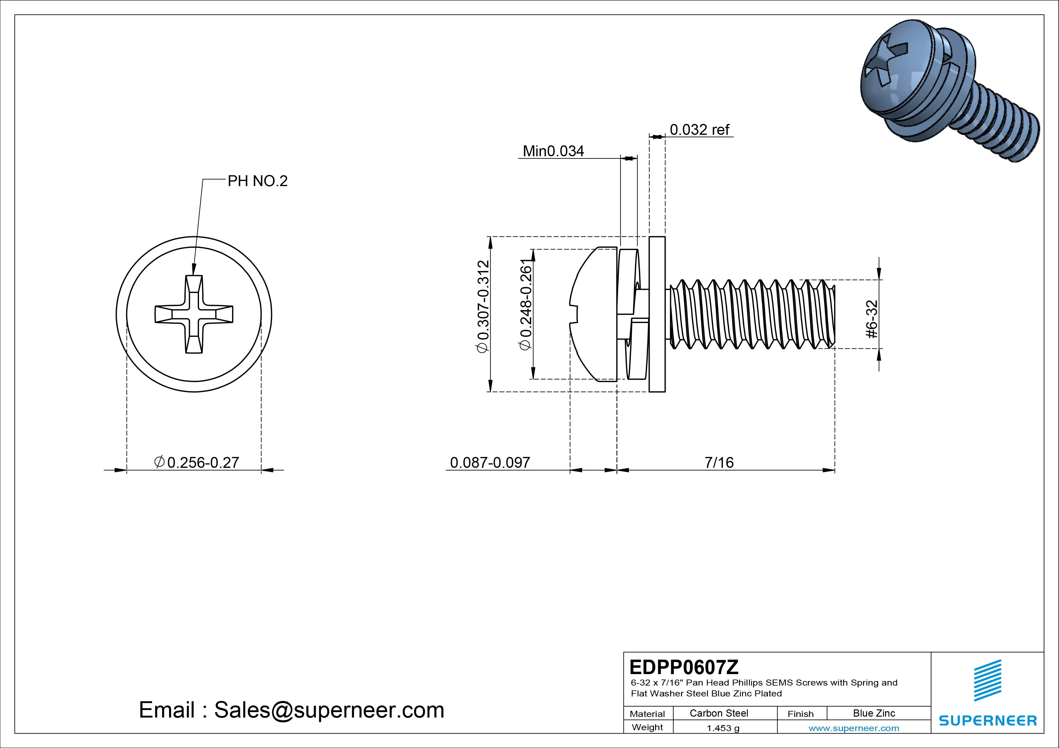 6-32 x 7/16" Pan Head Phillips SEMS Screws with Spring and Flat Washer Steel Blue Zinc Plated