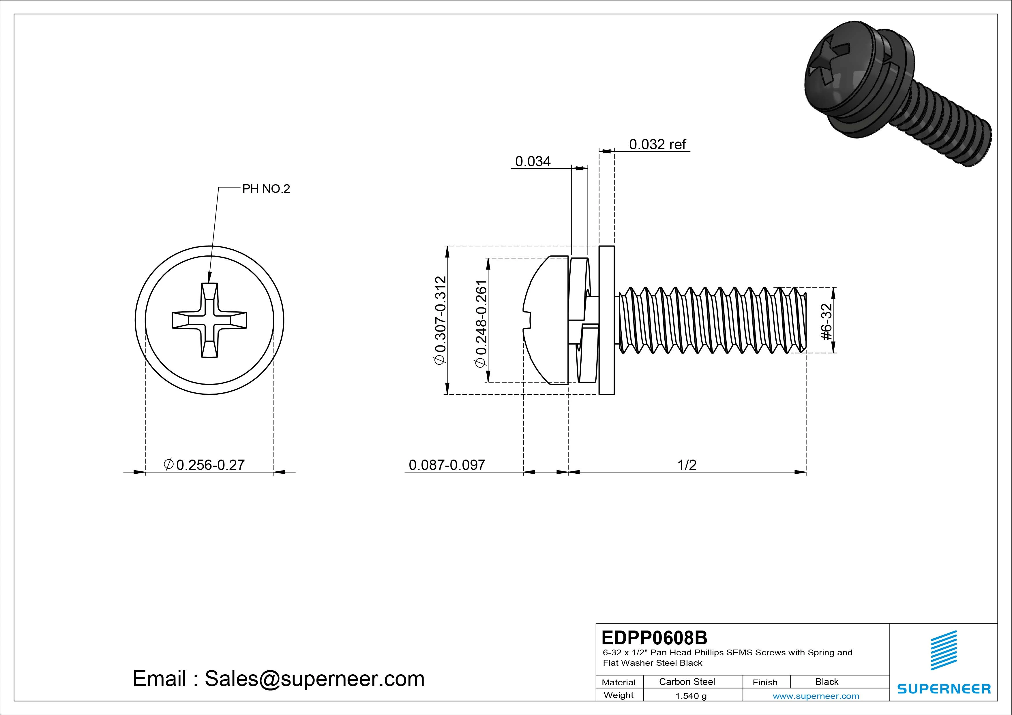 6-32 x 1/2" Pan Head Phillips SEMS Screws with Spring and Flat Washer Steel Black