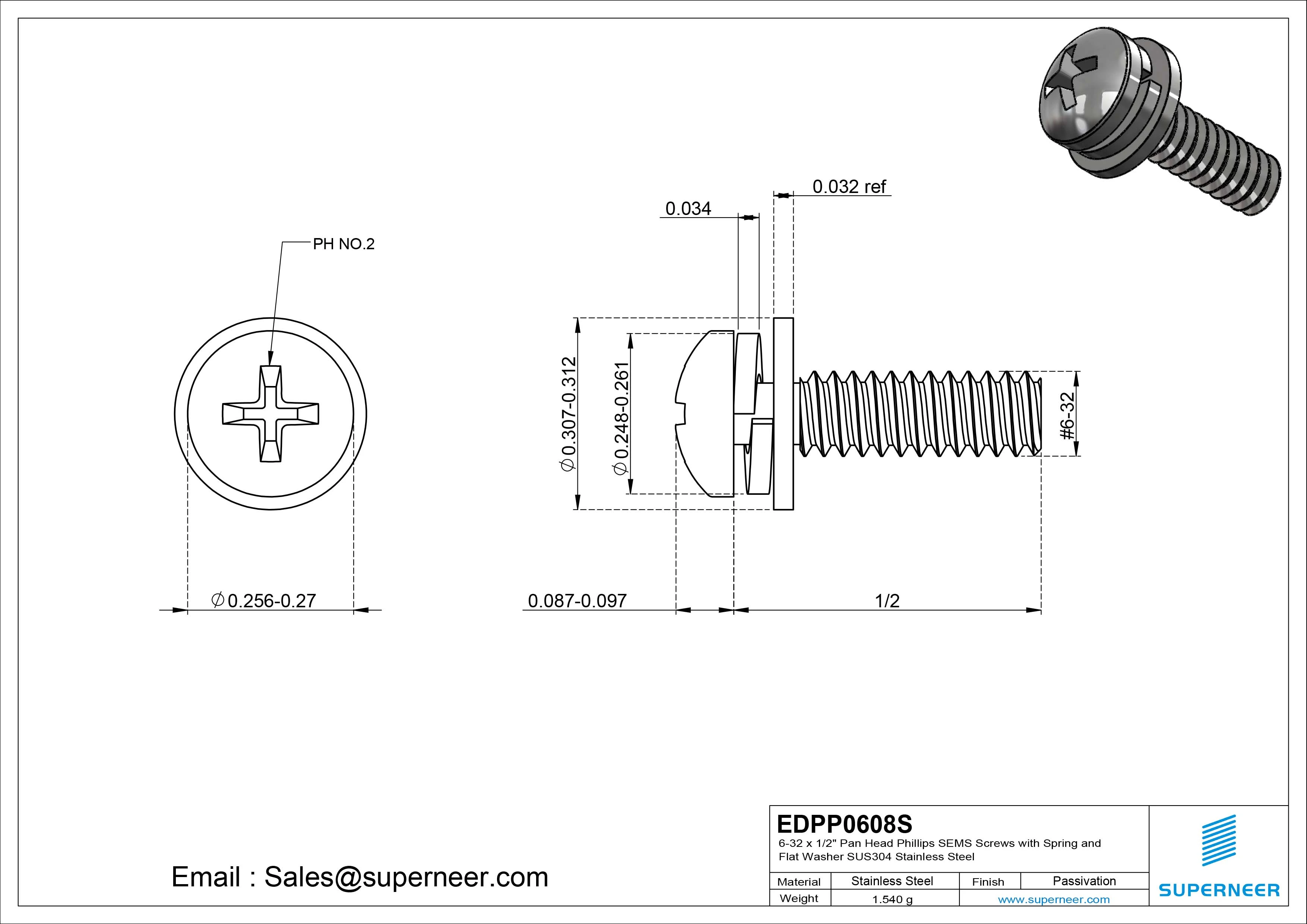 6-32 x 1/2" Pan Head Phillips SEMS Screws with Spring and Flat Washer SUS304 Stainless Steel Inox