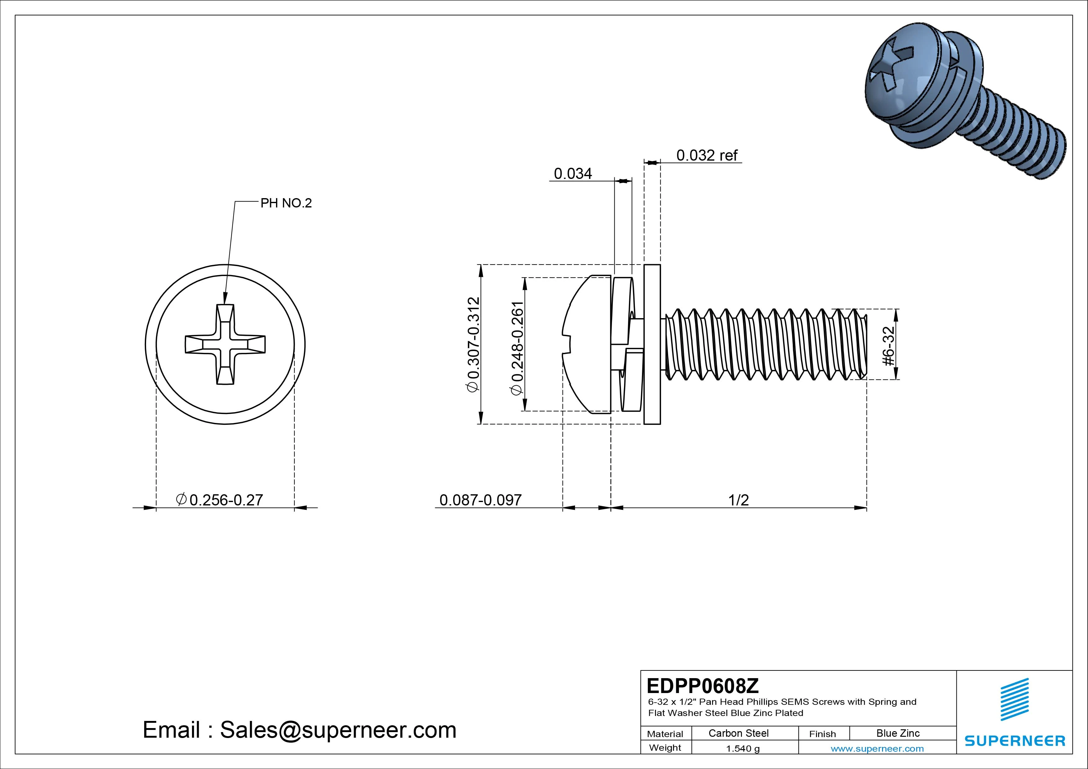 6-32 x 1/2" Pan Head Phillips SEMS Screws with Spring and Flat Washer Steel Blue Zinc Plated