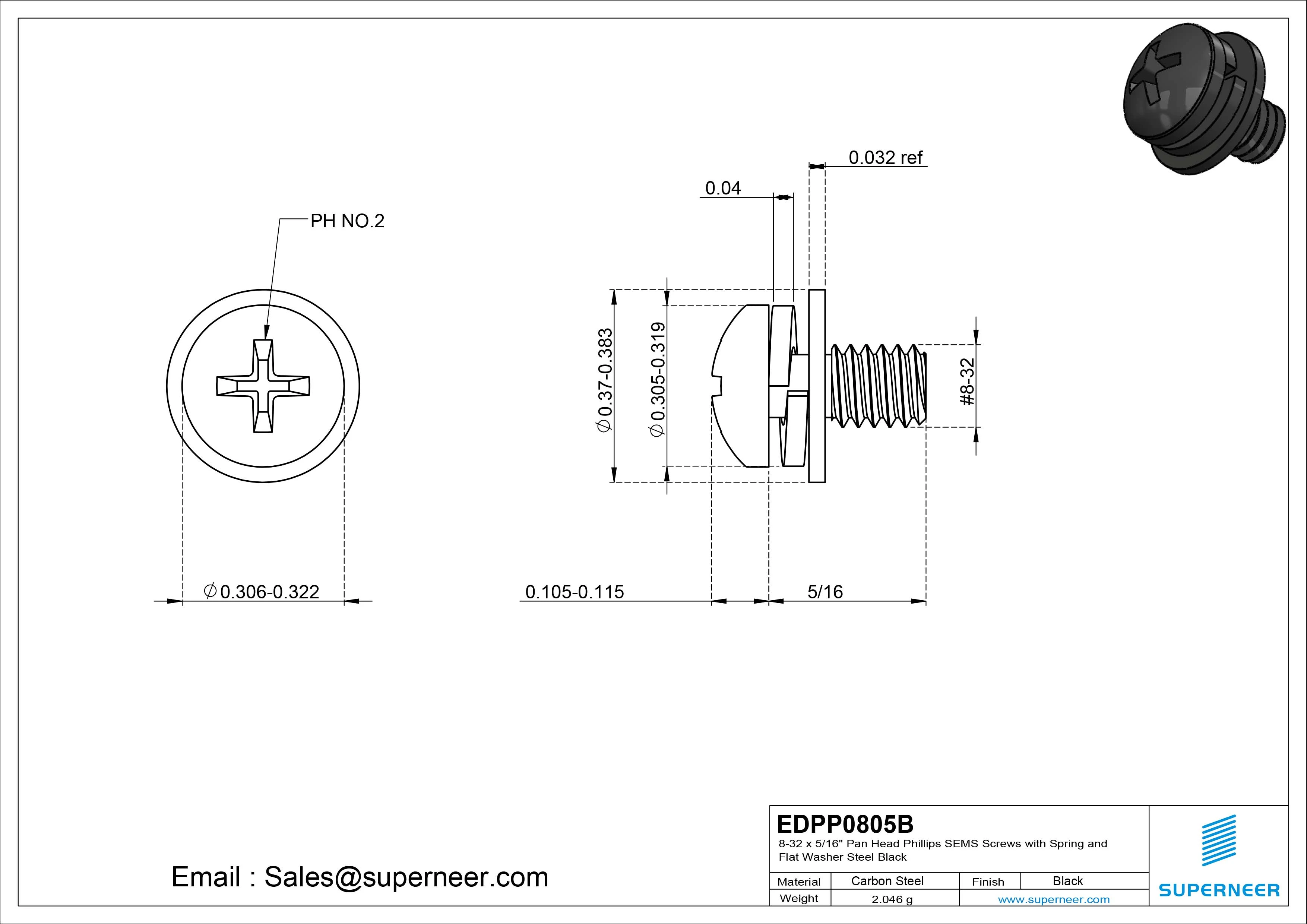 8-32 x 5/16" Pan Head Phillips SEMS Screws with Spring and Flat Washer Steel Black