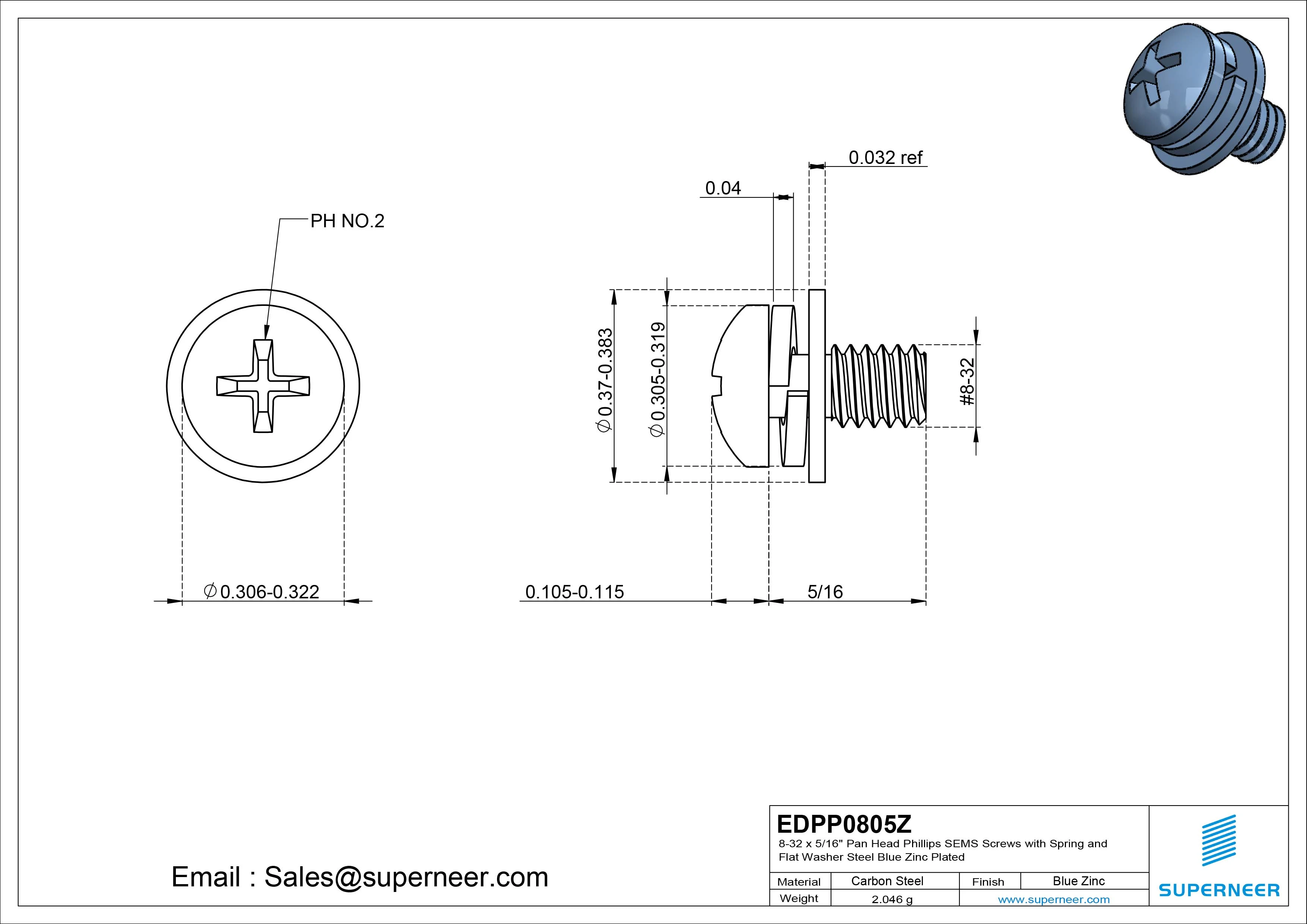 8-32 x 5/16" Pan Head Phillips SEMS Screws with Spring and Flat Washer Steel Blue Zinc Plated