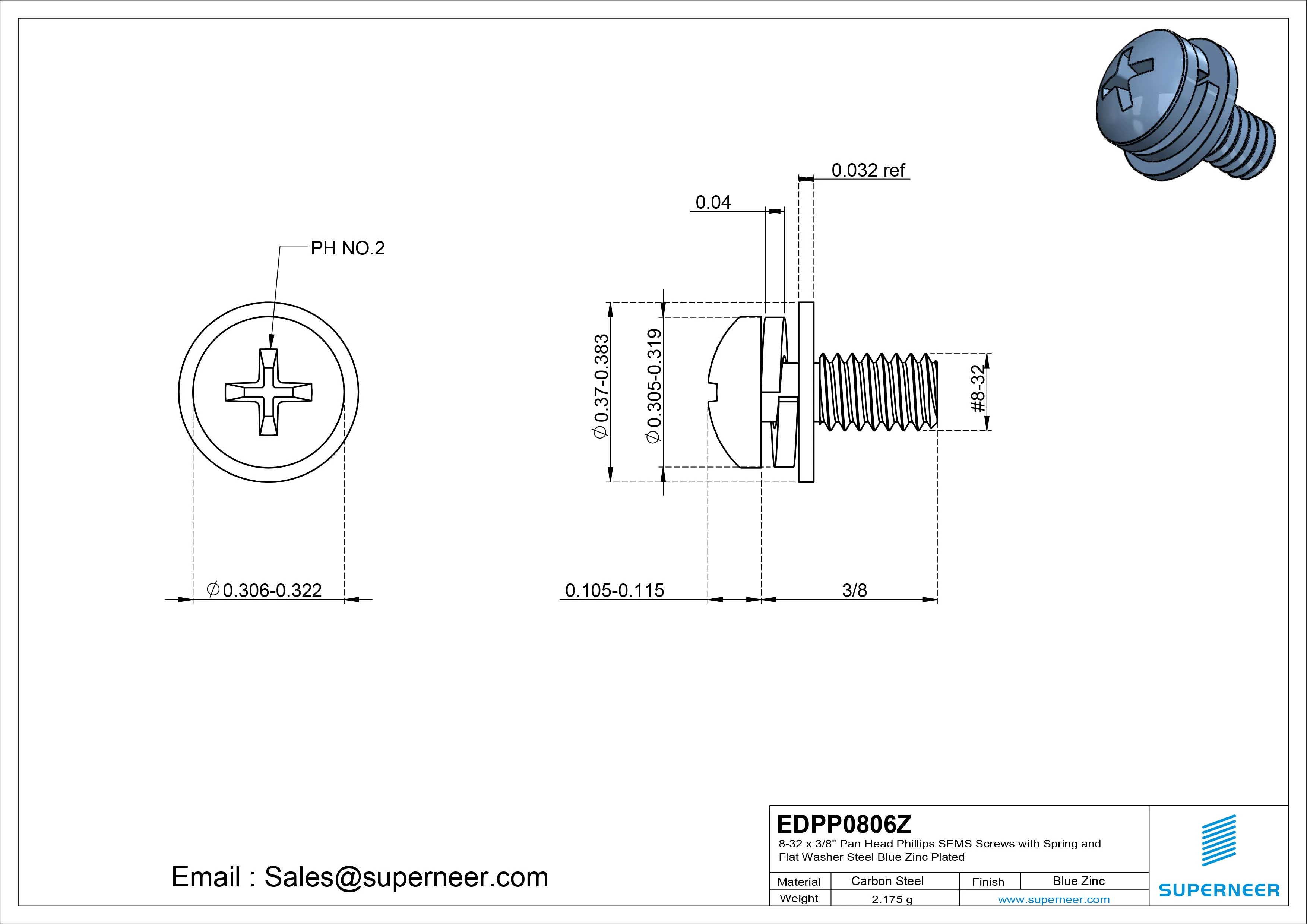 8-32 x 3/8" Pan Head Phillips SEMS Screws with Spring and Flat Washer Steel Blue Zinc Plated