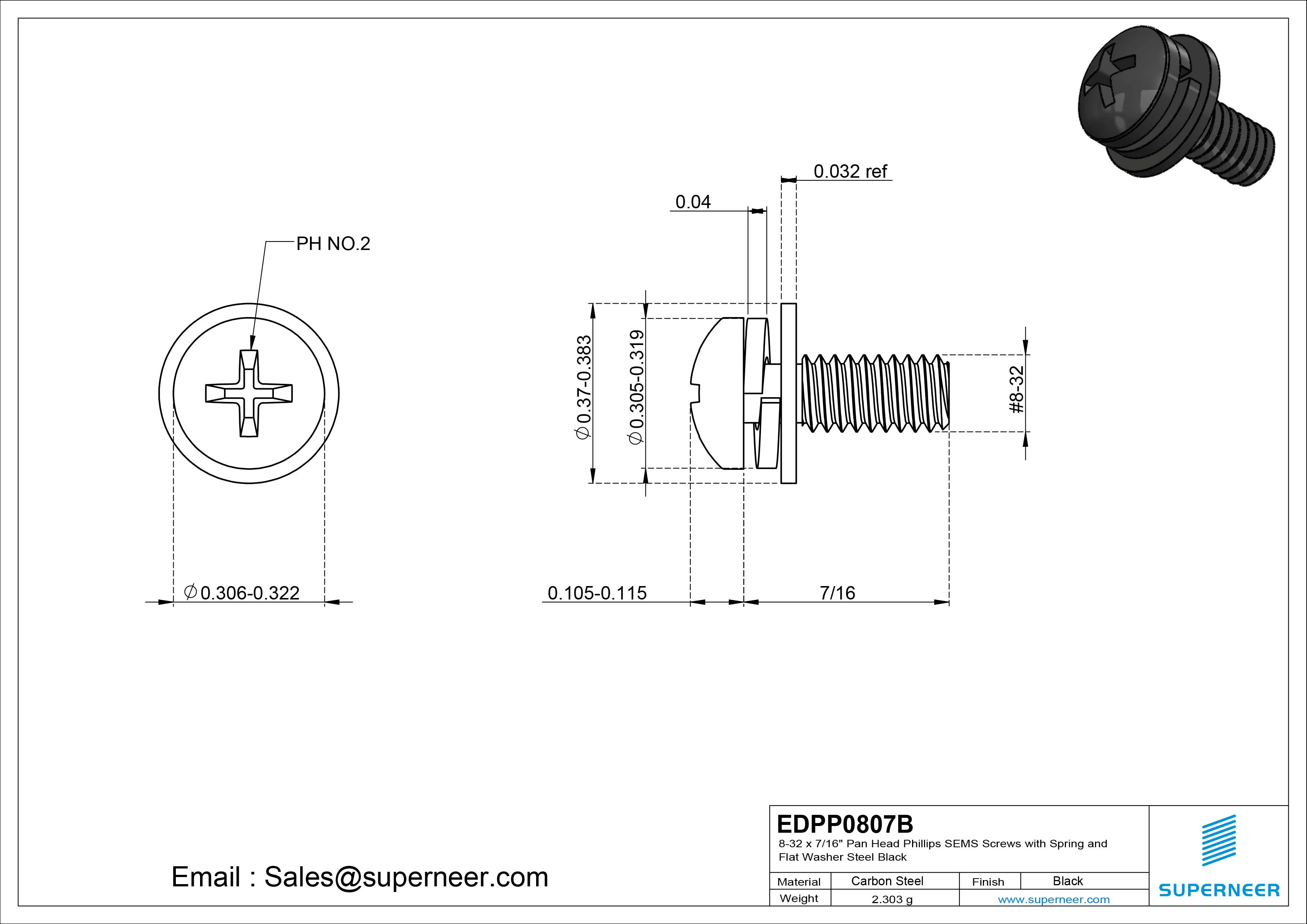 8-32 x 7/16" Pan Head Phillips SEMS Screws with Spring and Flat Washer Steel Black