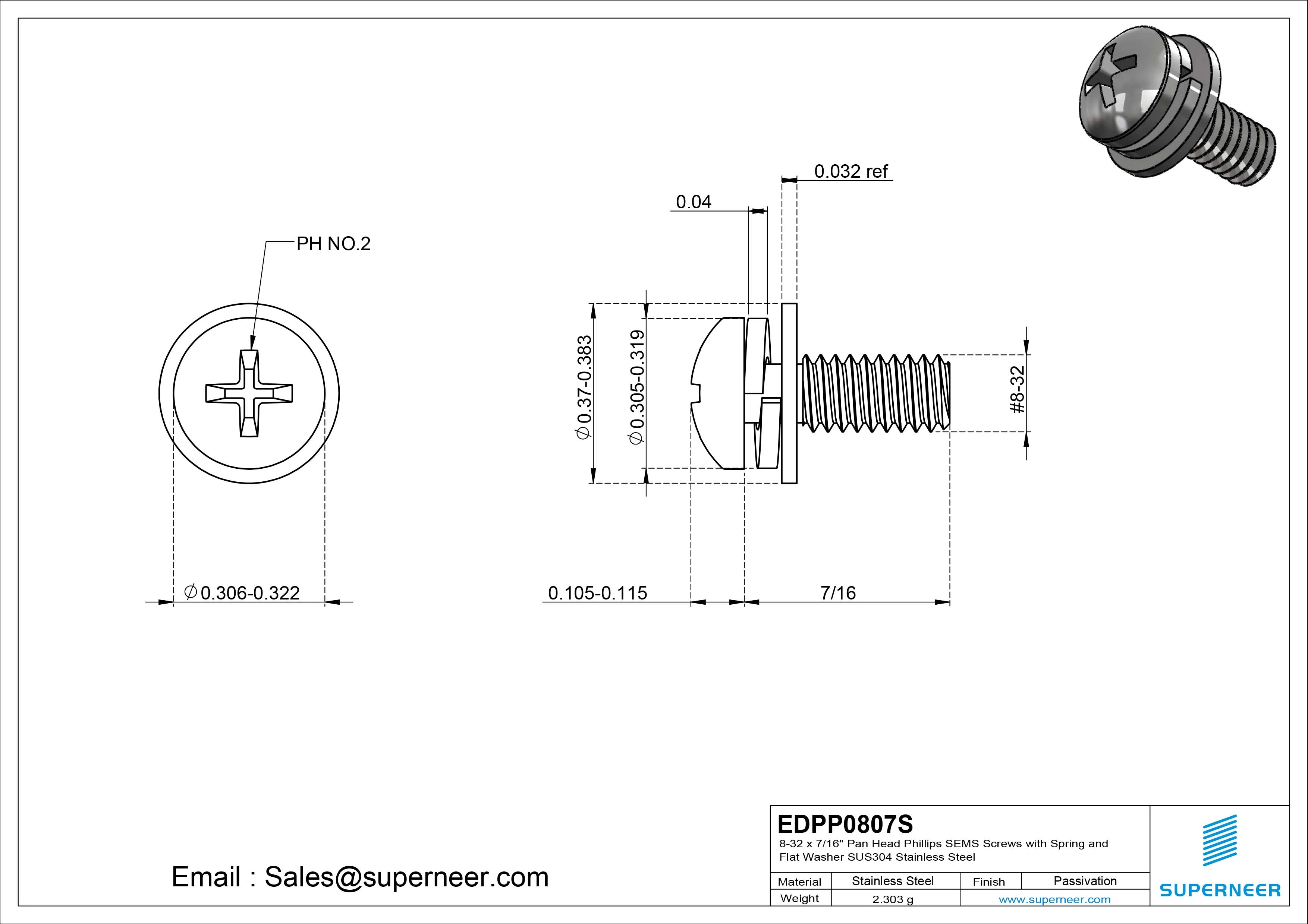 8-32 x 7/16" Pan Head Phillips SEMS Screws with Spring and Flat Washer SUS304 Stainless Steel Inox
