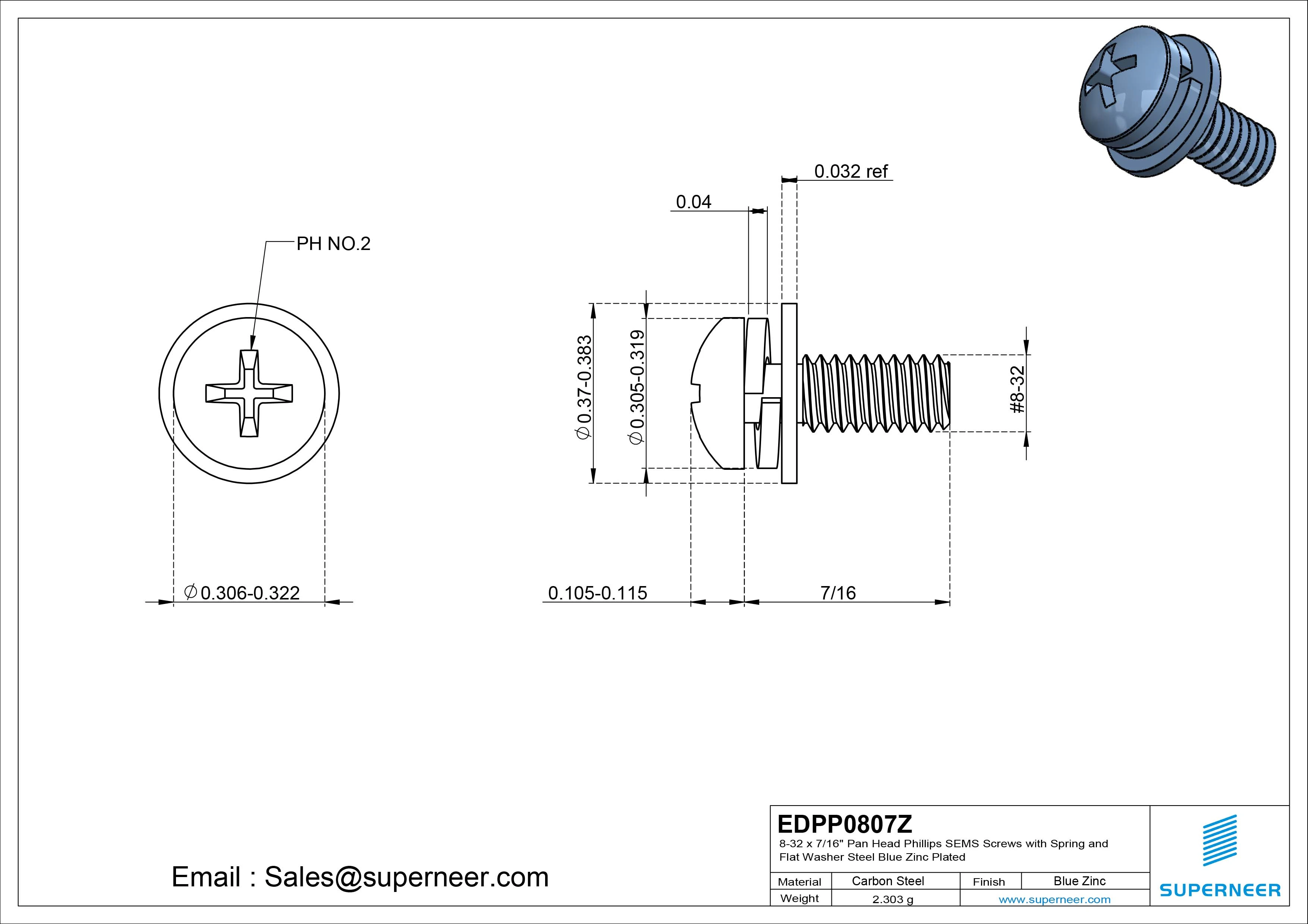 8-32 x 7/16" Pan Head Phillips SEMS Screws with Spring and Flat Washer Steel Blue Zinc Plated