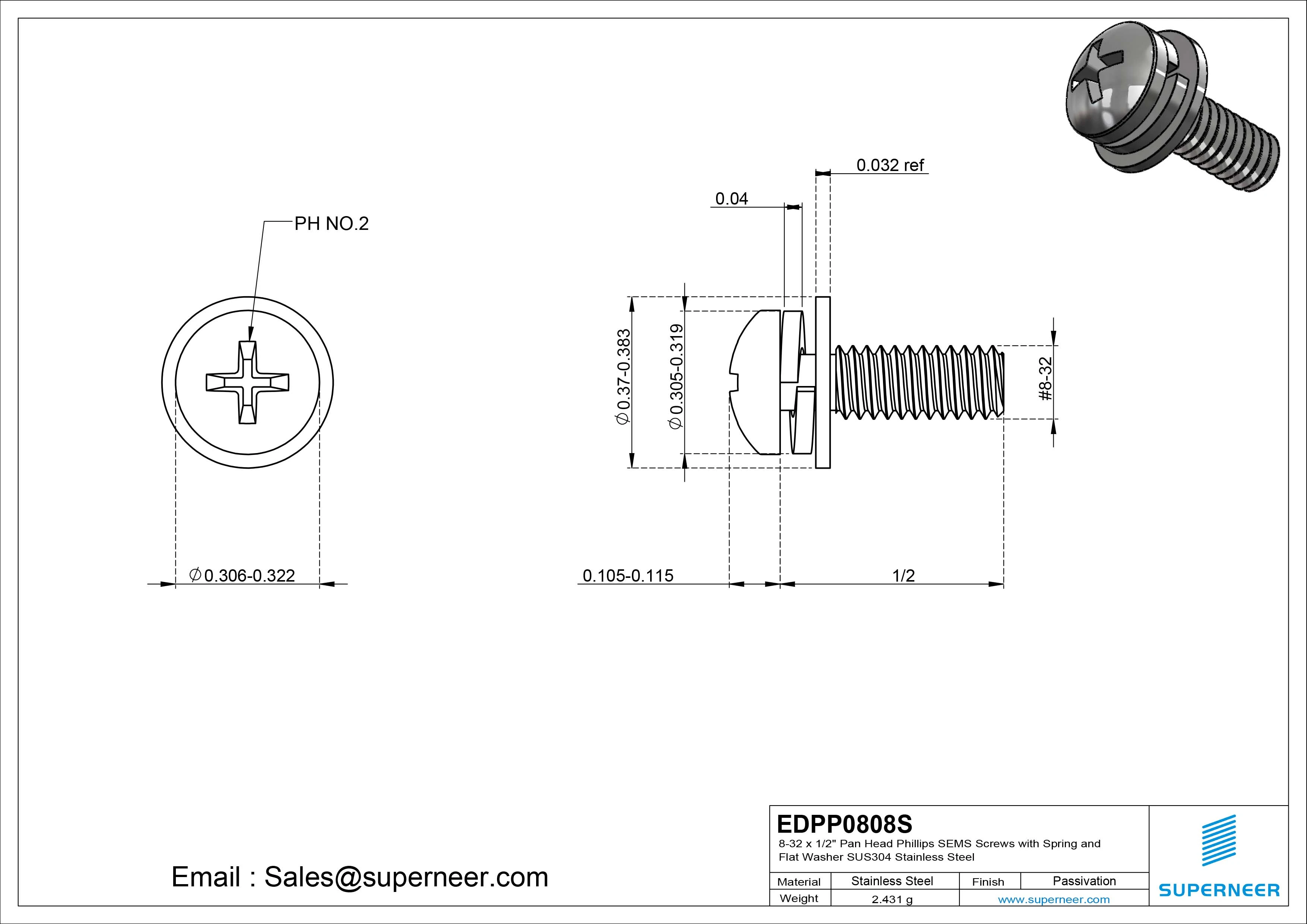 8-32 x 1/2" Pan Head Phillips SEMS Screws with Spring and Flat Washer SUS304 Stainless Steel Inox