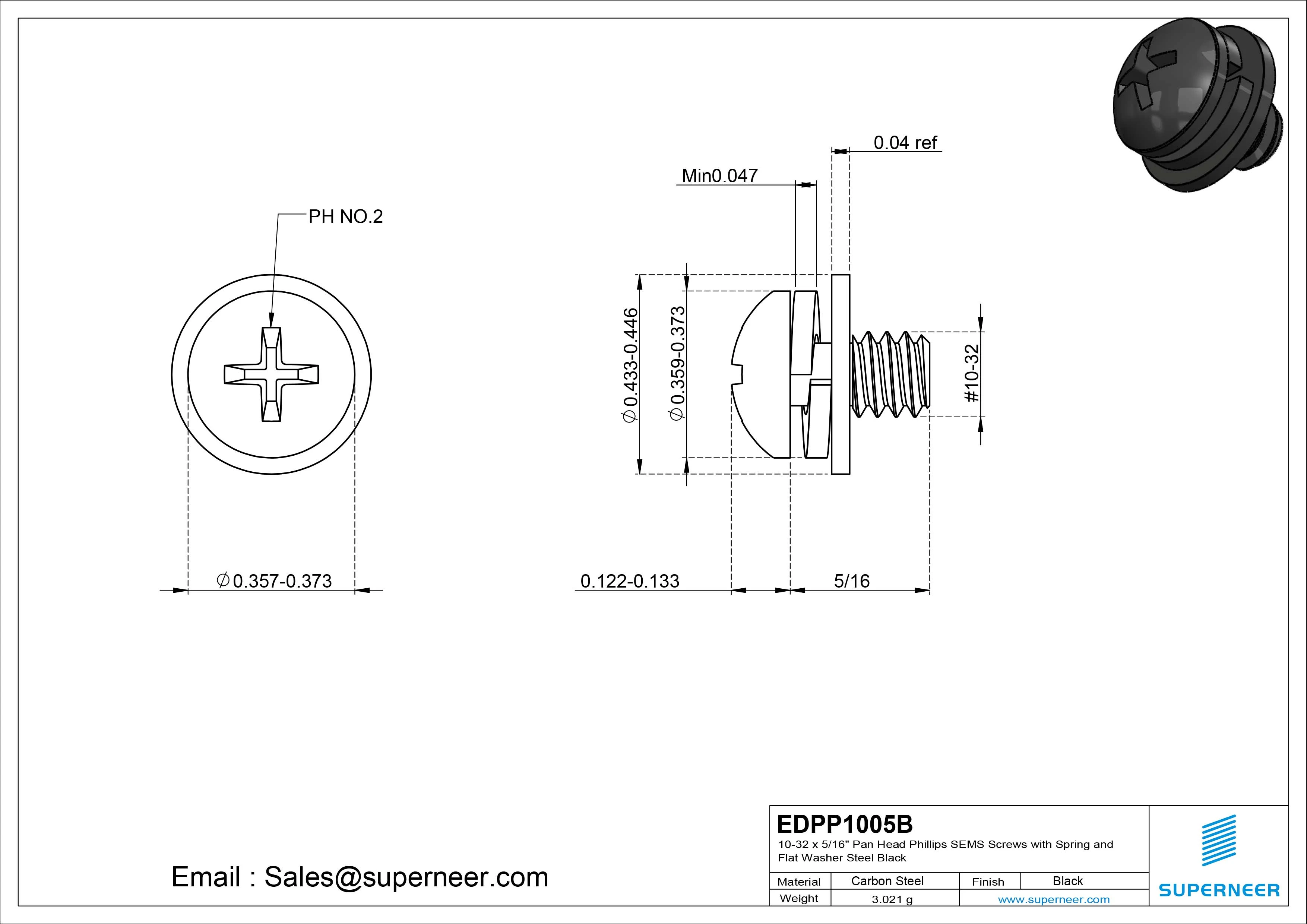 10-32 x 5/16" Pan Head Phillips SEMS Screws with Spring and Flat Washer Steel Black