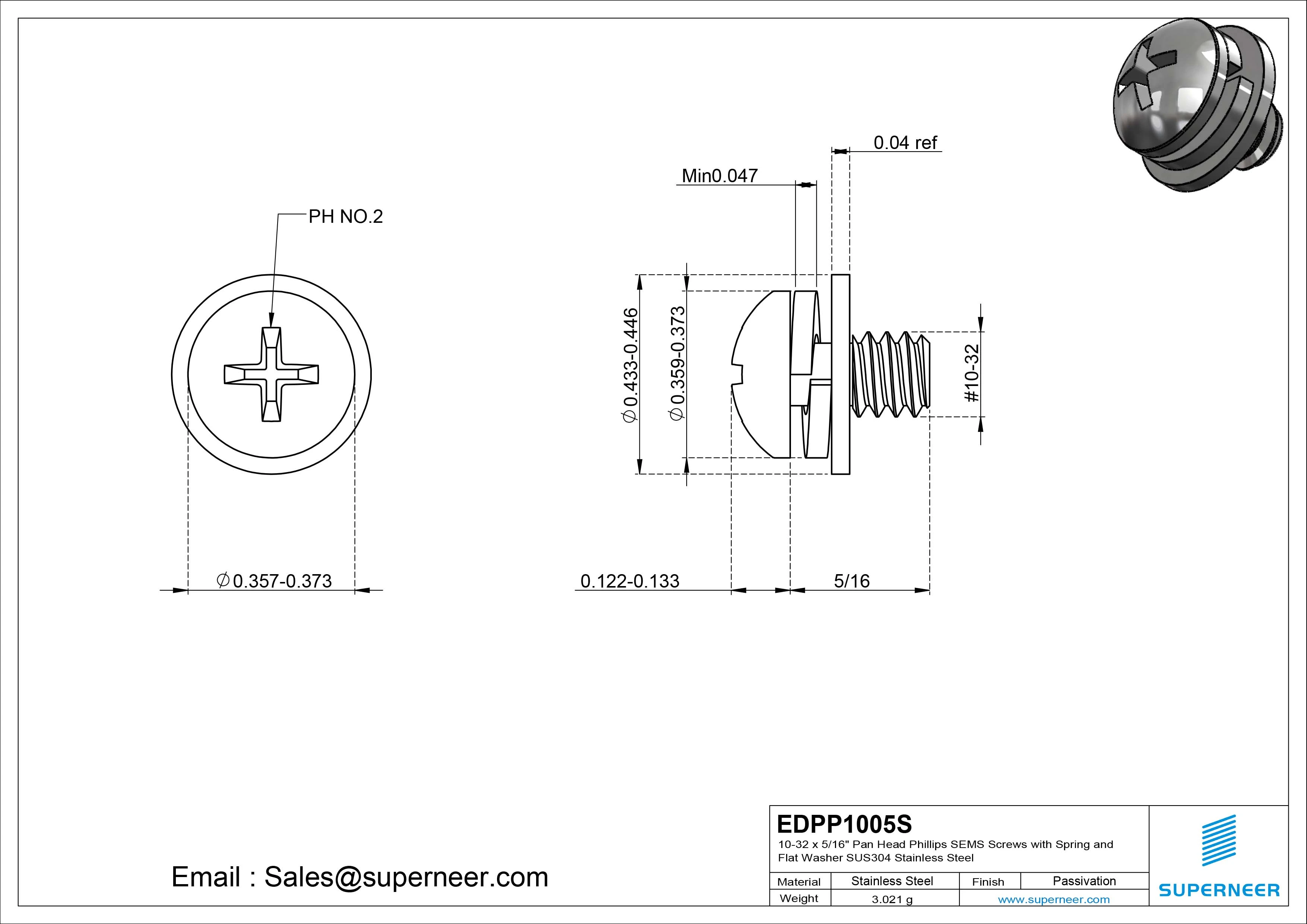 10-32 x 5/16" Pan Head Phillips SEMS Screws with Spring and Flat Washer SUS304 Stainless Steel Inox