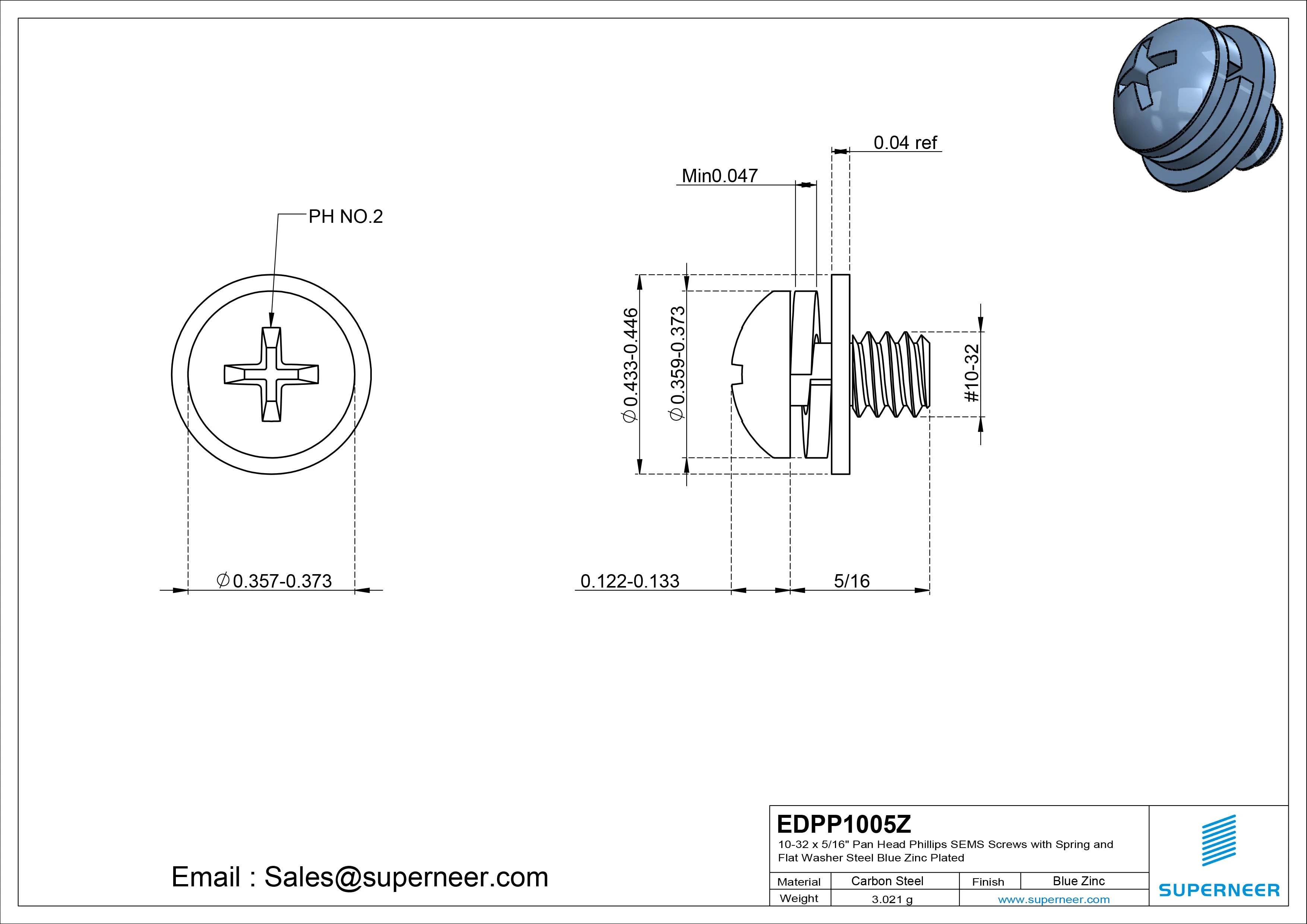 10-32 x 5/16" Pan Head Phillips SEMS Screws with Spring and Flat Washer Steel Blue Zinc Plated
