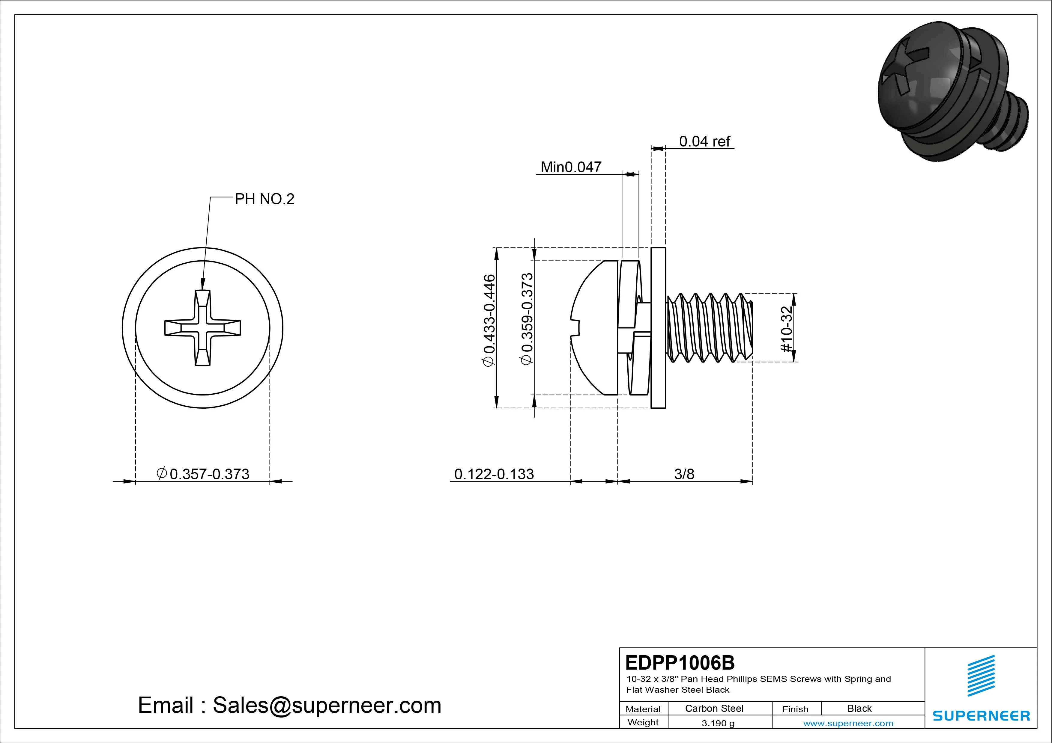 10-32 x 3/8" Pan Head Phillips SEMS Screws with Spring and Flat Washer Steel Black