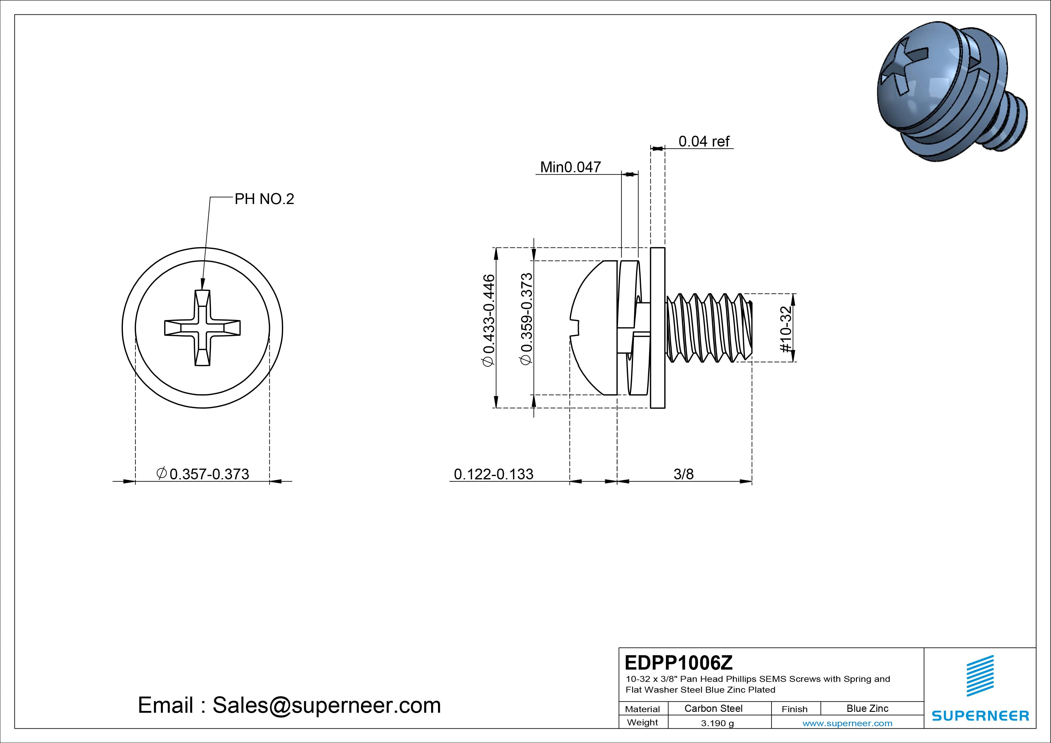 10-32 x 3/8" Pan Head Phillips SEMS Screws with Spring and Flat Washer Steel Blue Zinc Plated