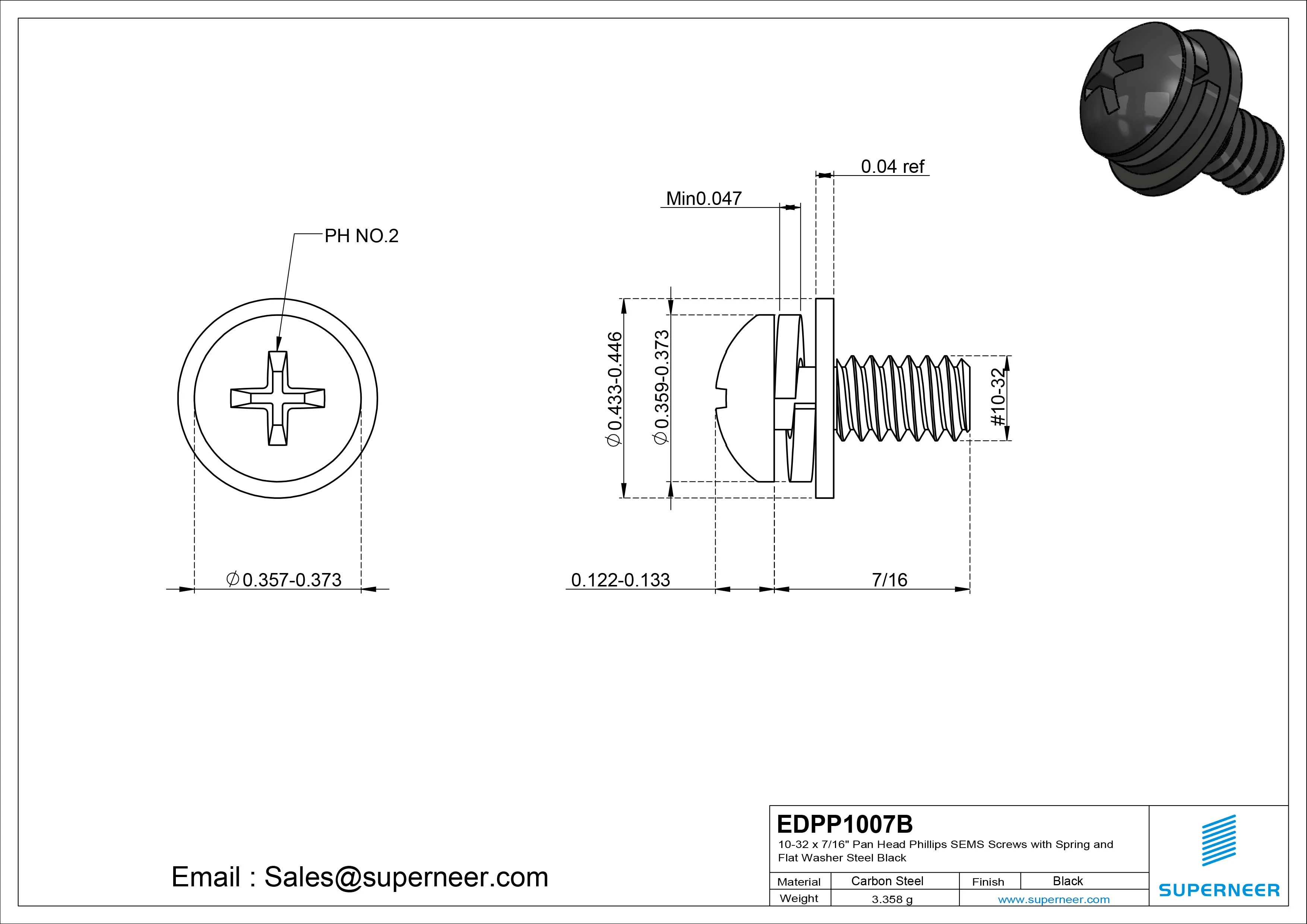 10-32 x 1/2"  Pan Head Phillips SEMS Screws with Spring and Flat Washer Steel Black