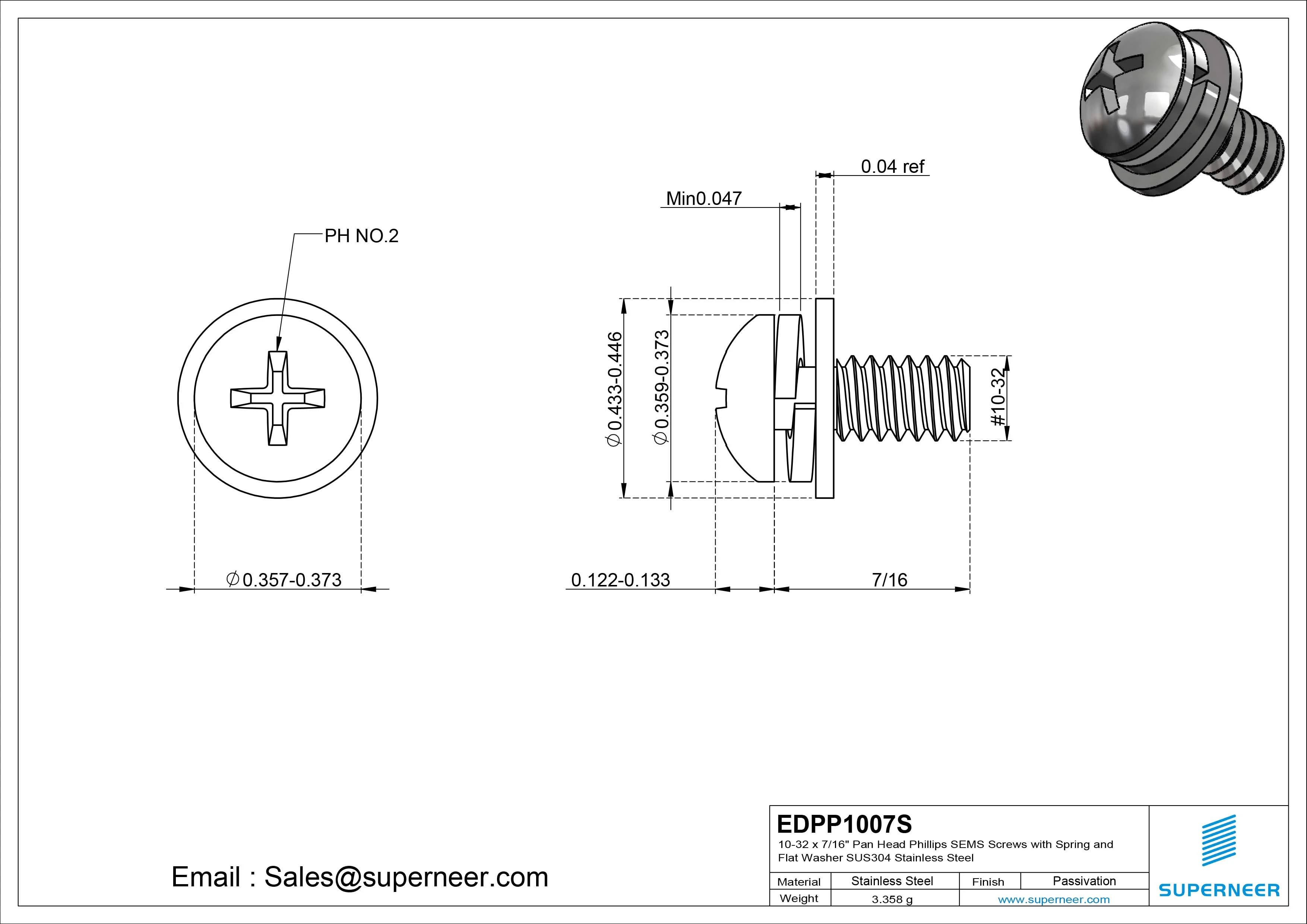 10-32 x 1/2"  Pan Head Phillips SEMS Screws with Spring and Flat Washer SUS304 Stainless Steel Inox