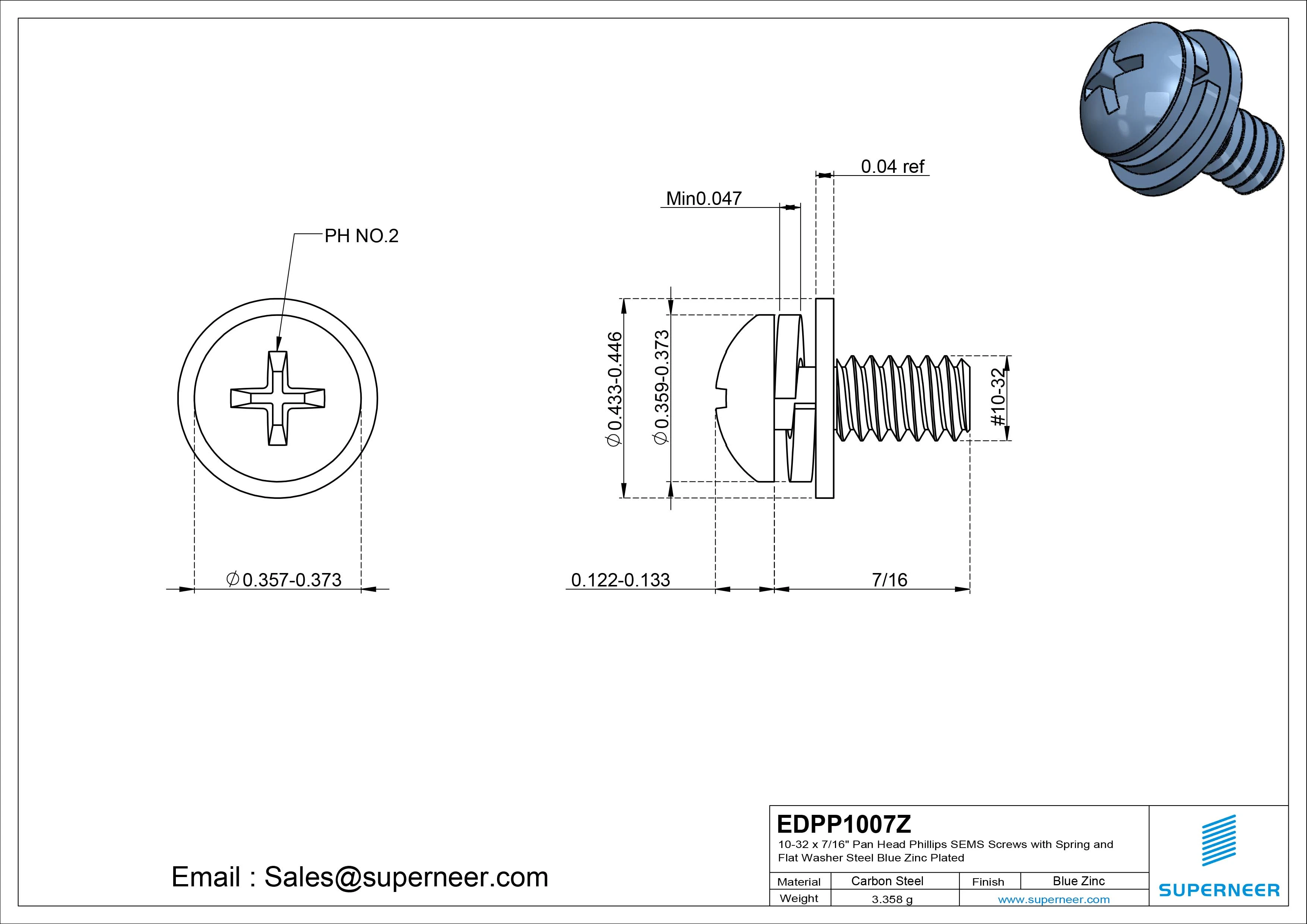 10-32 x 1/2"  Pan Head Phillips SEMS Screws with Spring and Flat Washer Steel Blue Zinc Plated