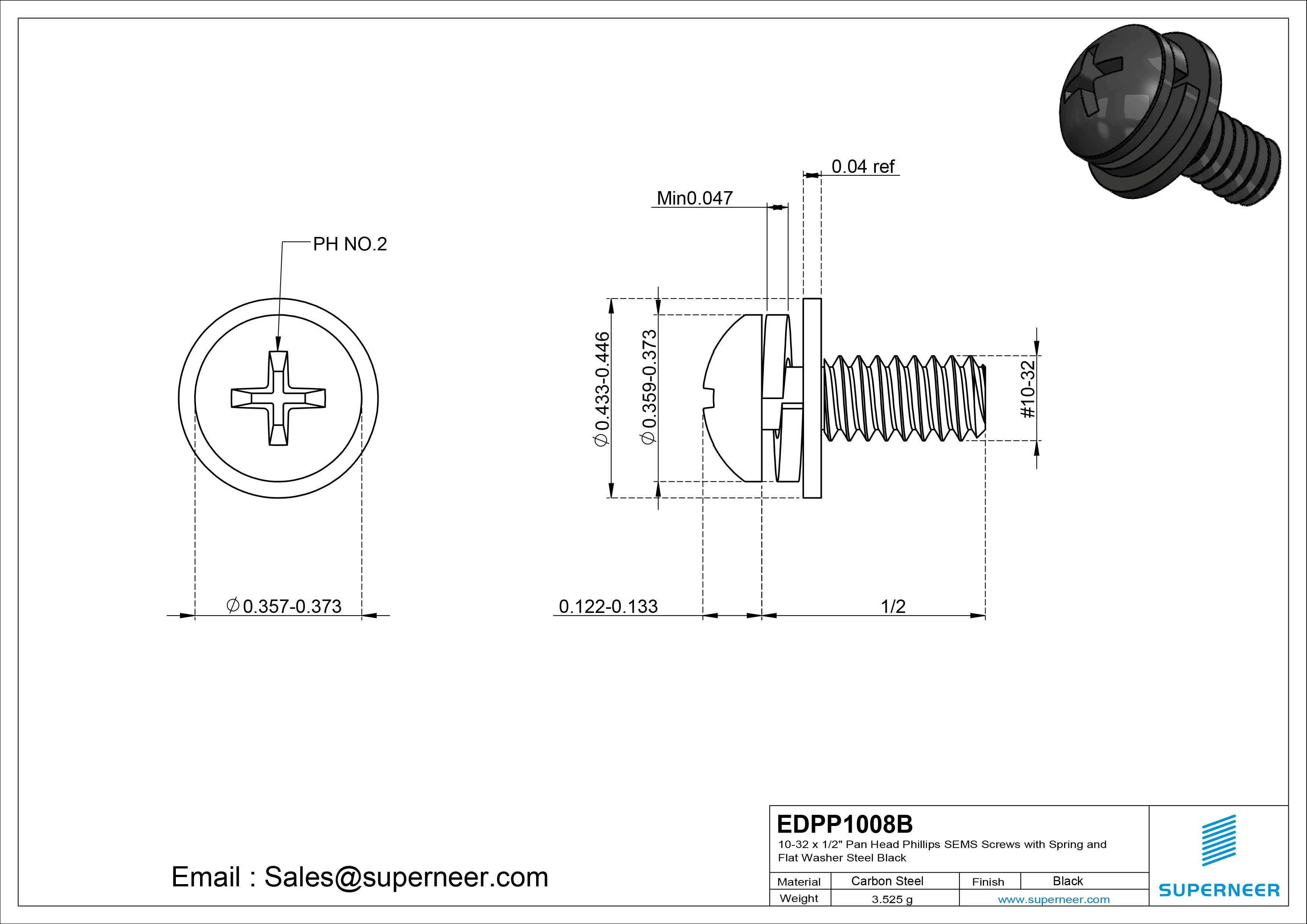 10-32 x 7/16" Pan Head Phillips SEMS Screws with Spring and Flat Washer Steel Black