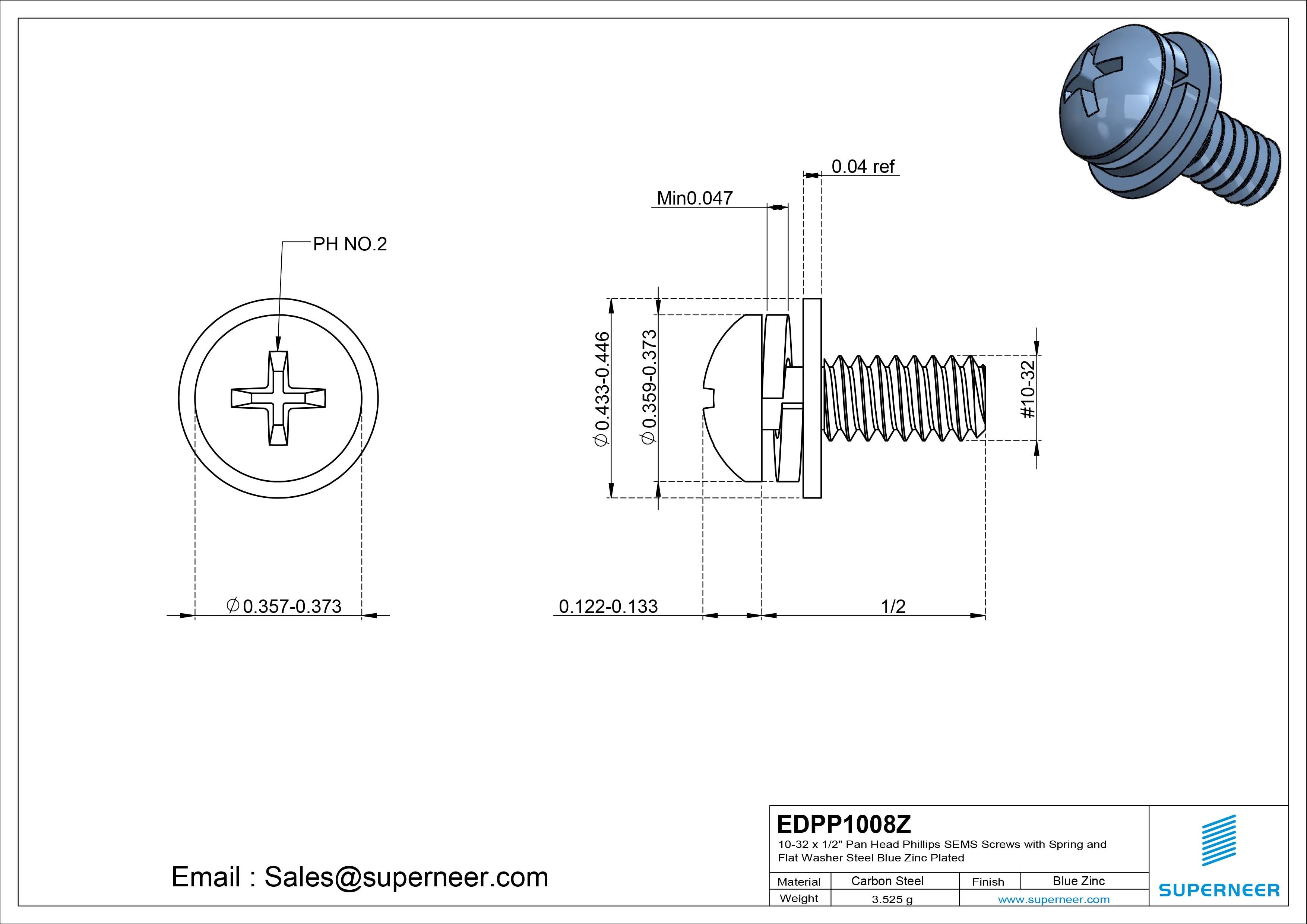 10-32 x 7/16" Pan Head Phillips SEMS Screws with Spring and Flat Washer Steel Blue Zinc Plated