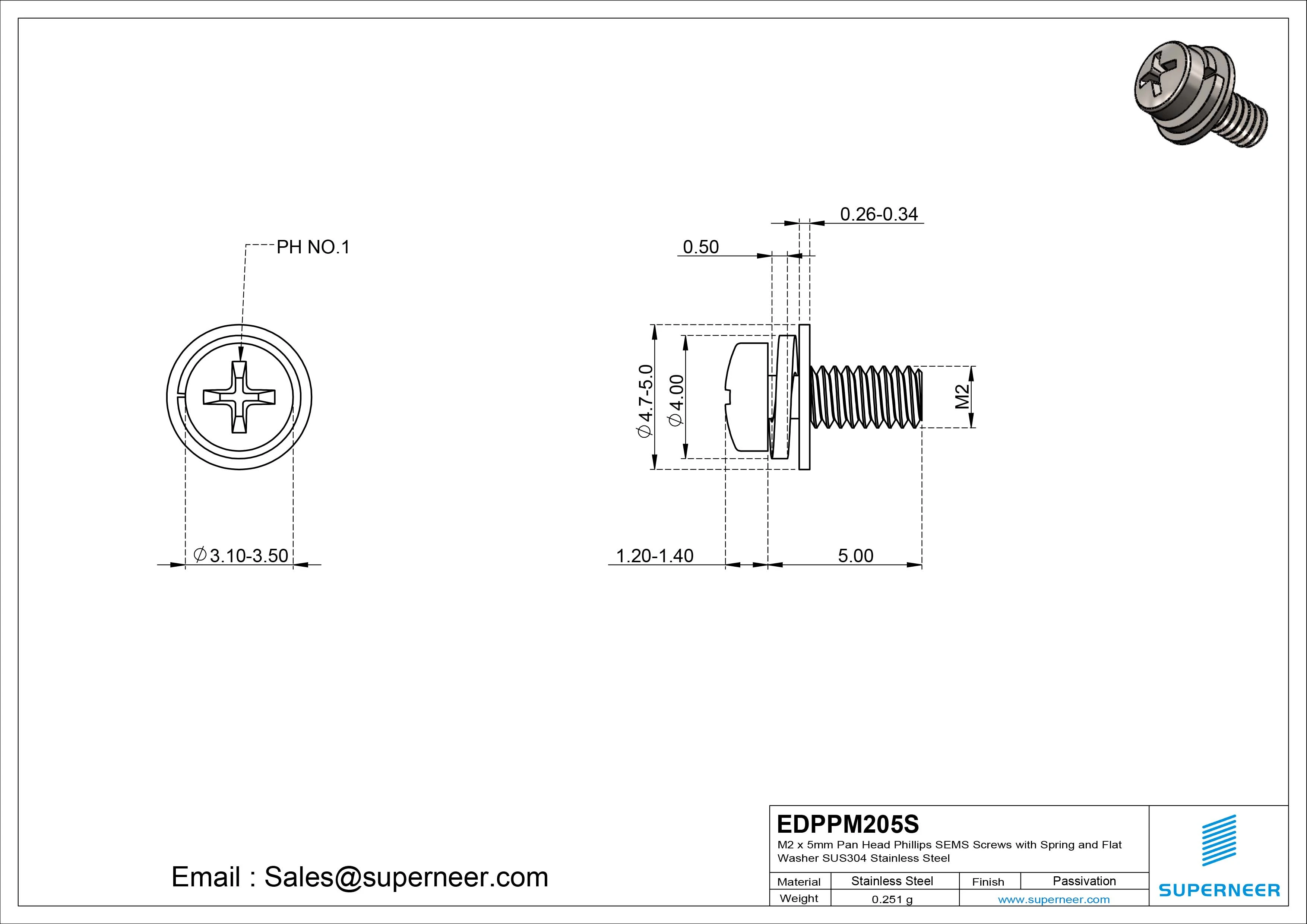 M2 x 5mm Pan Head Phillips SEMS Screws with Spring and Flat Washer SUS304 Stainless Steel Inox