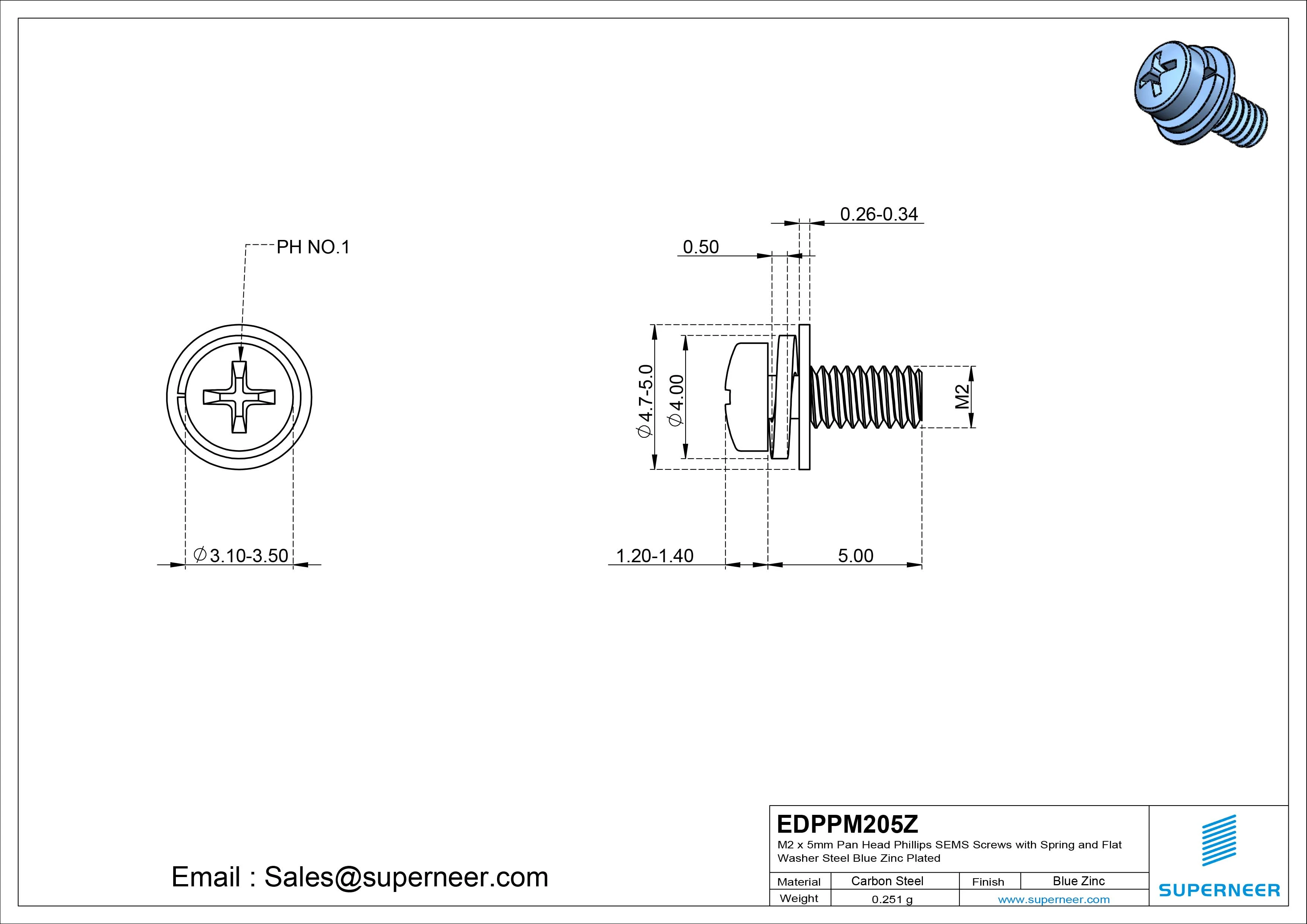 M2 x 5mm Pan Head Phillips SEMS Screws with Spring and Flat Washer Steel Blue Zinc Plated