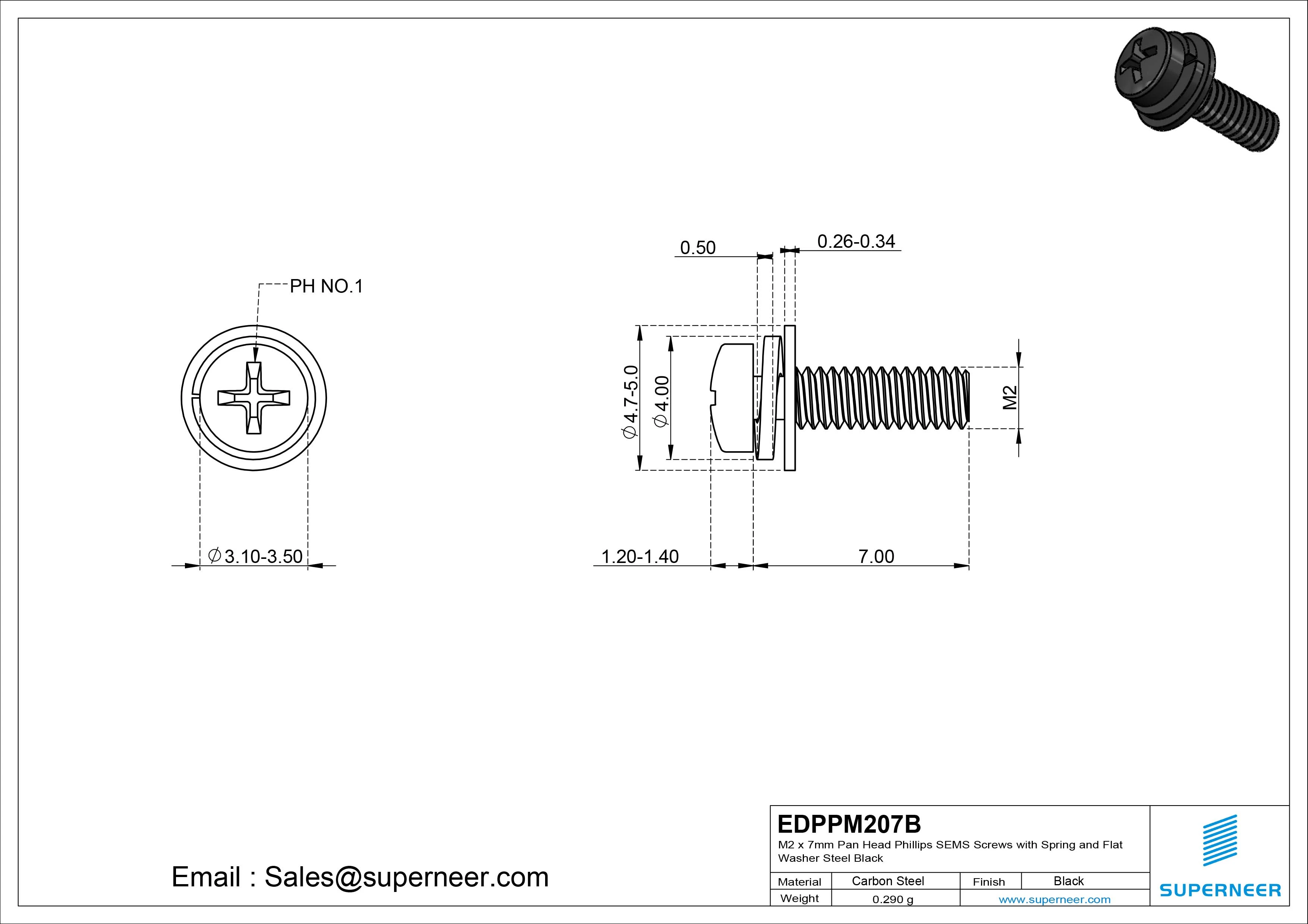 M2 x 7mm Pan Head Phillips SEMS Screws with Spring and Flat Washer Steel Black