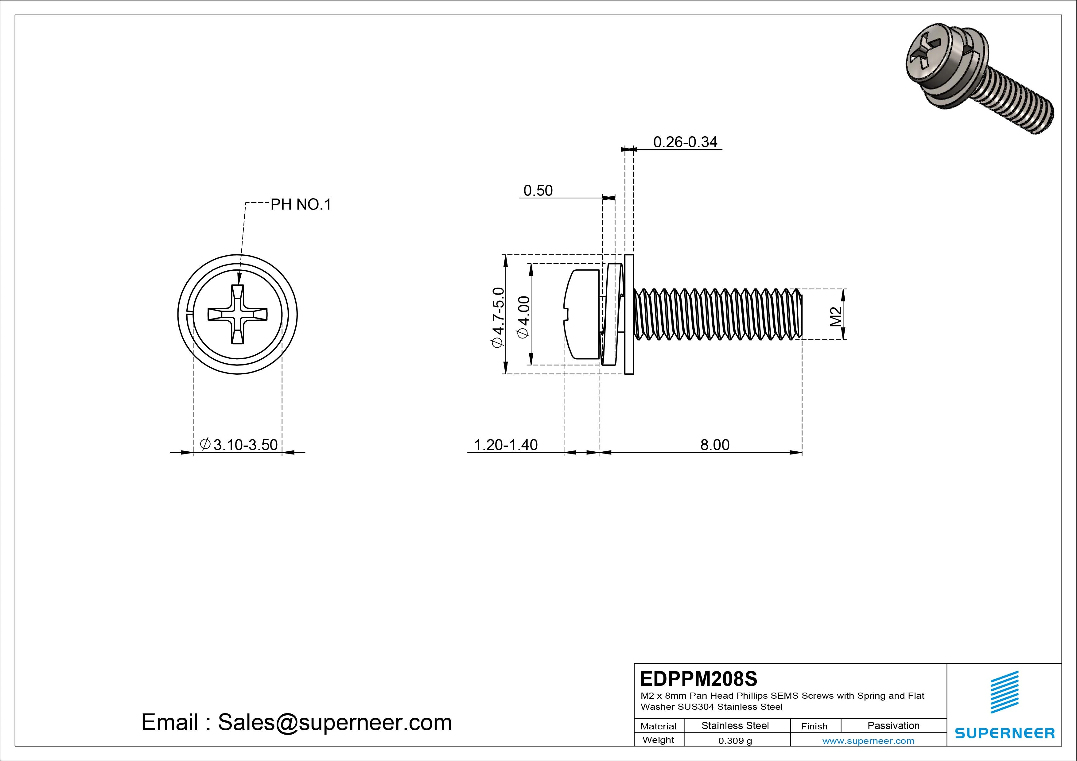 M2 x 8mm Pan Head Phillips SEMS Screws with Spring and Flat Washer SUS304 Stainless Steel Inox