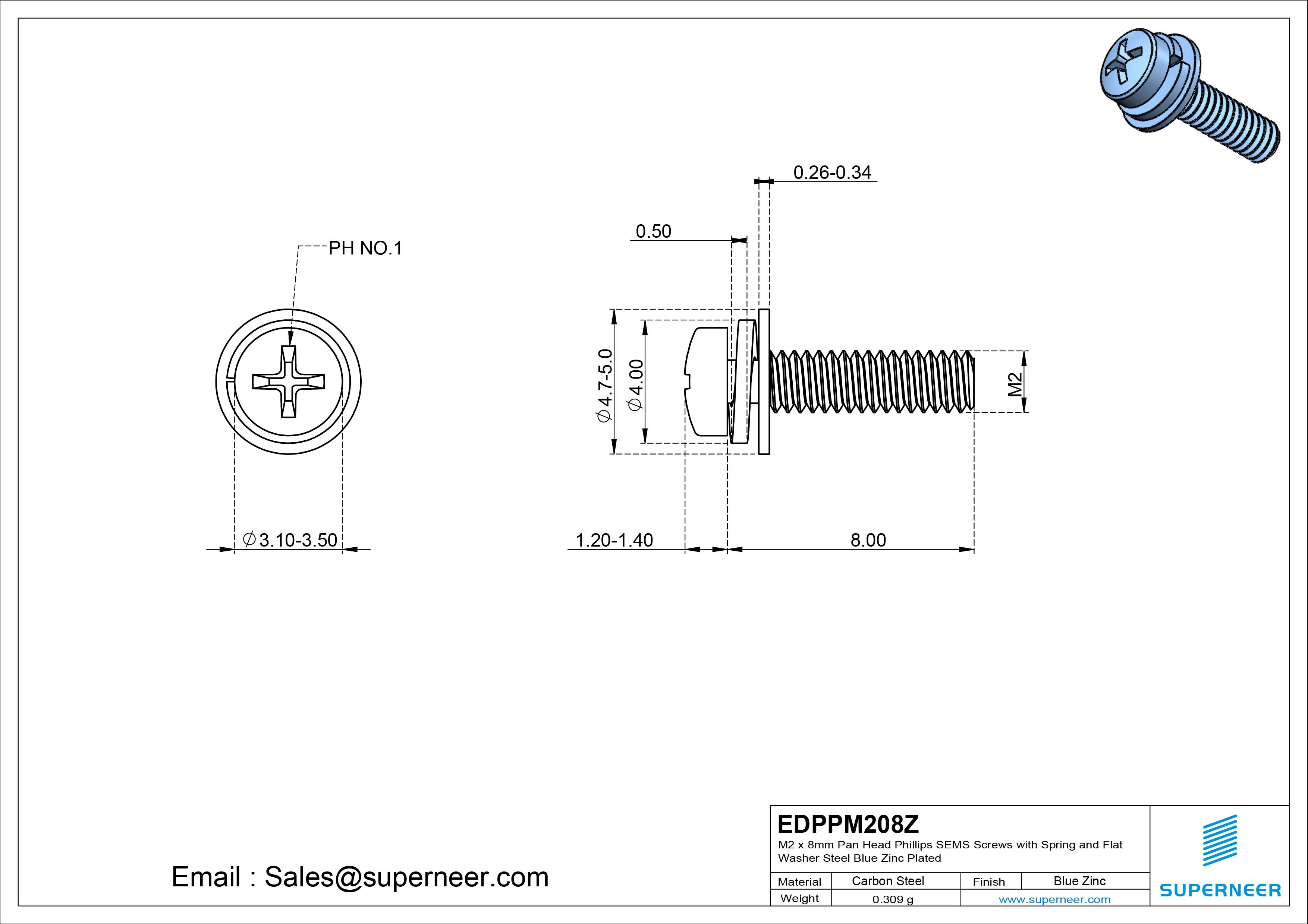 M2 x 8mm Pan Head Phillips SEMS Screws with Spring and Flat Washer Steel Blue Zinc Plated