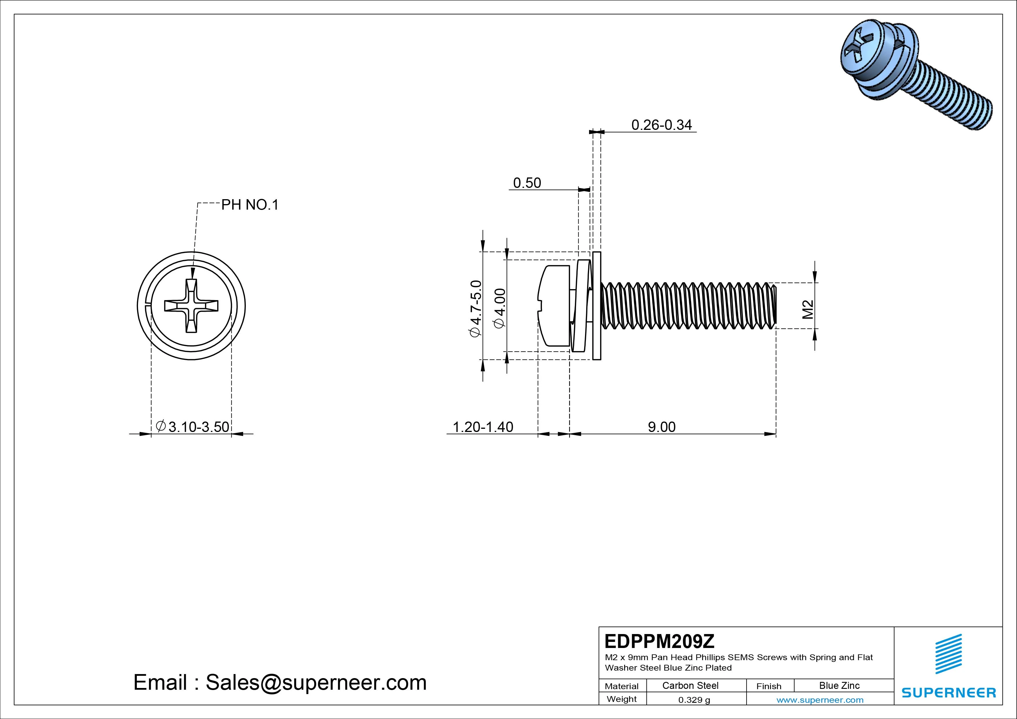 M2 x 9mm Pan Head Phillips SEMS Screws with Spring and Flat Washer Steel Blue Zinc Plated
