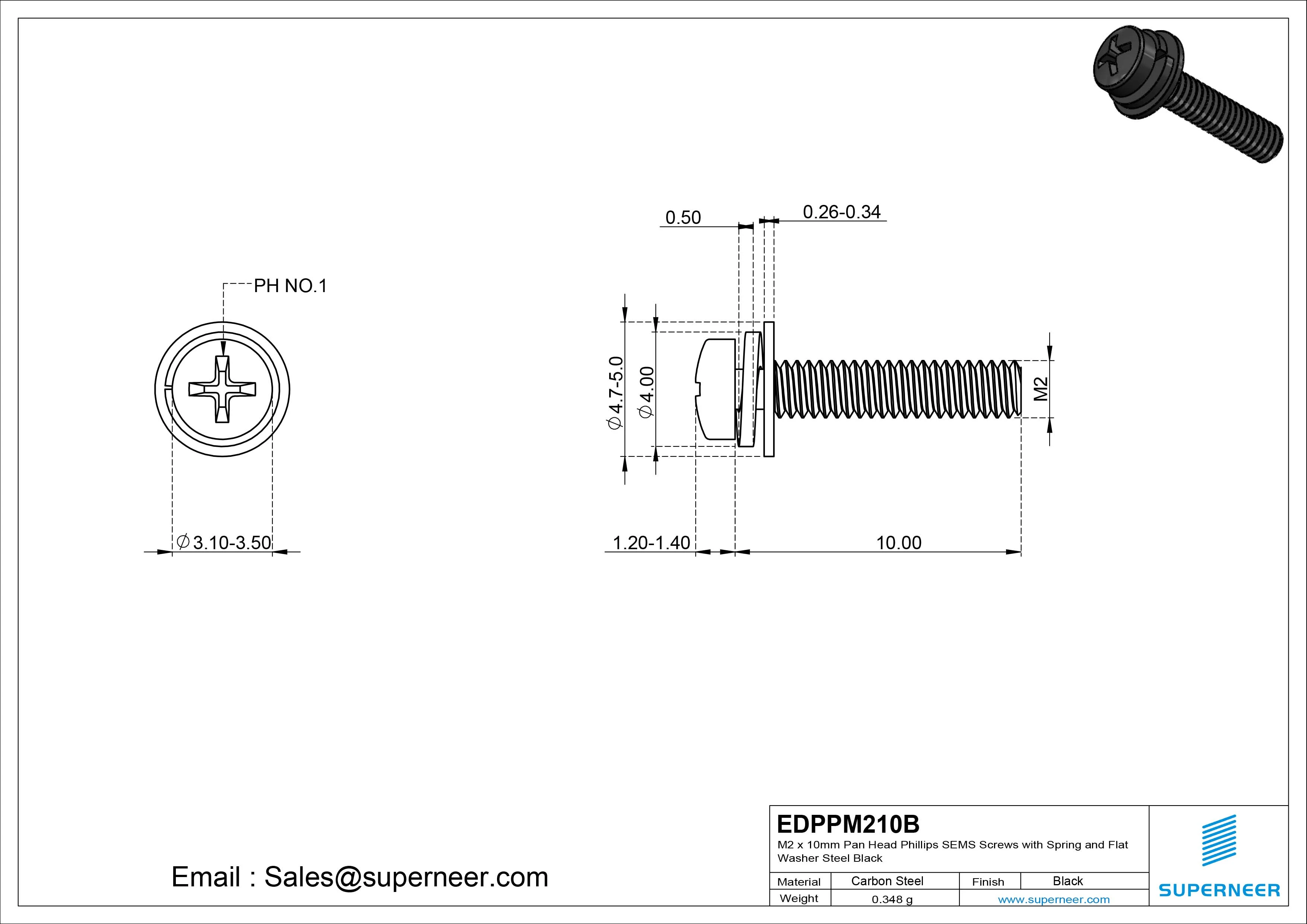 M2 x 10mm Pan Head Phillips SEMS Screws with Spring and Flat Washer Steel Black