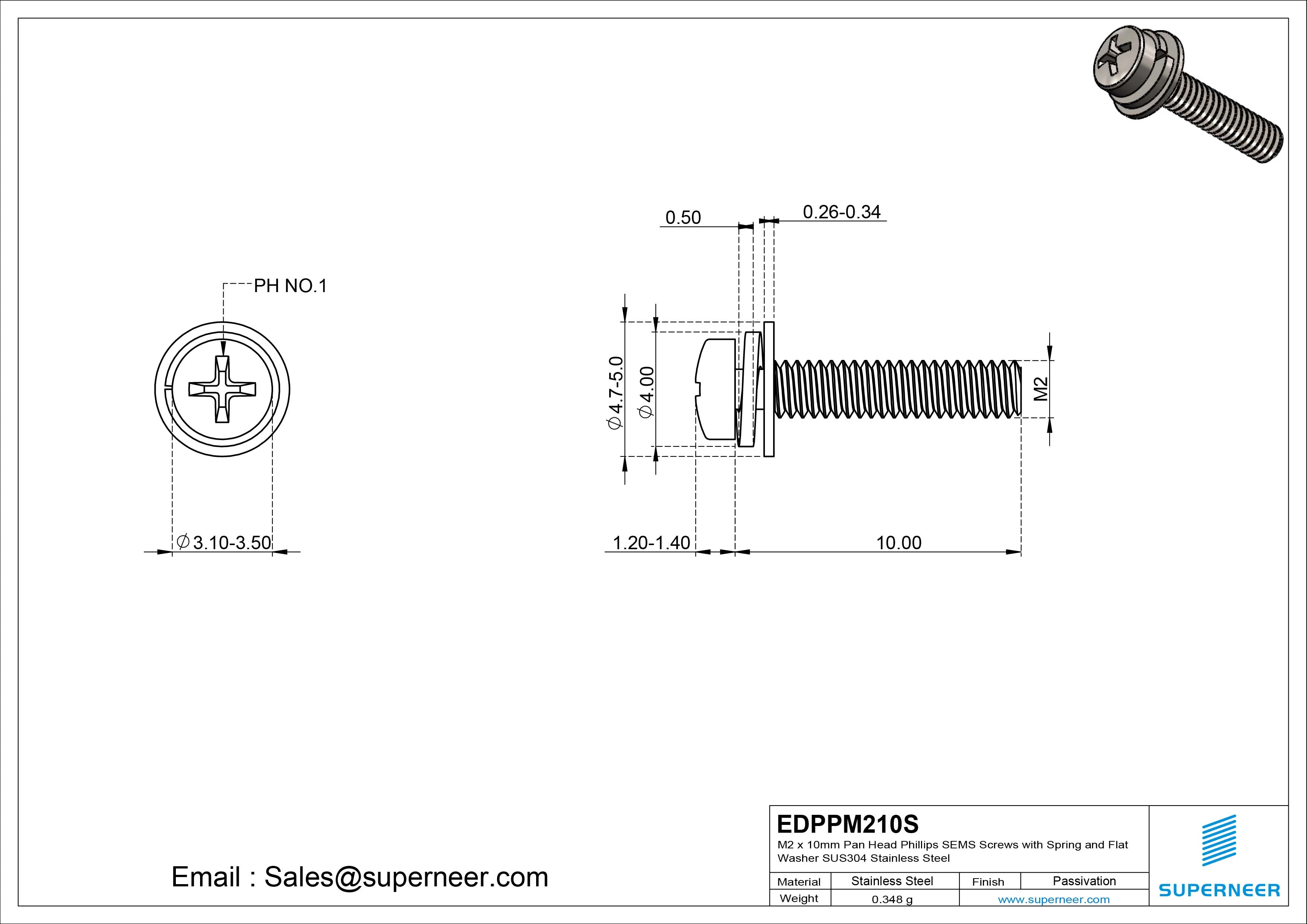 M2 x 10mm Pan Head Phillips SEMS Screws with Spring and Flat Washer SUS304 Stainless Steel Inox