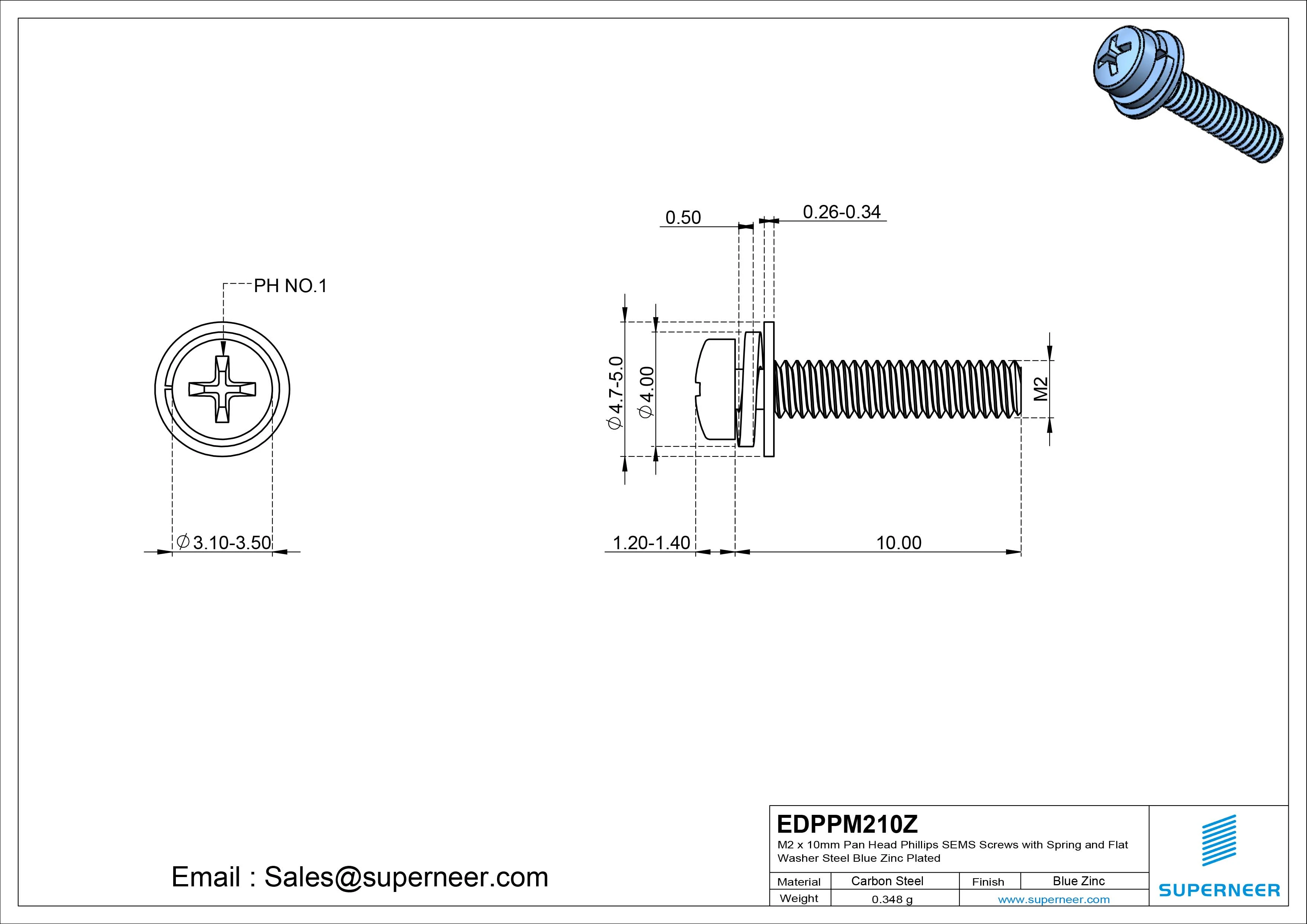 M2 x 10mm Pan Head Phillips SEMS Screws with Spring and Flat Washer Steel Blue Zinc Plated