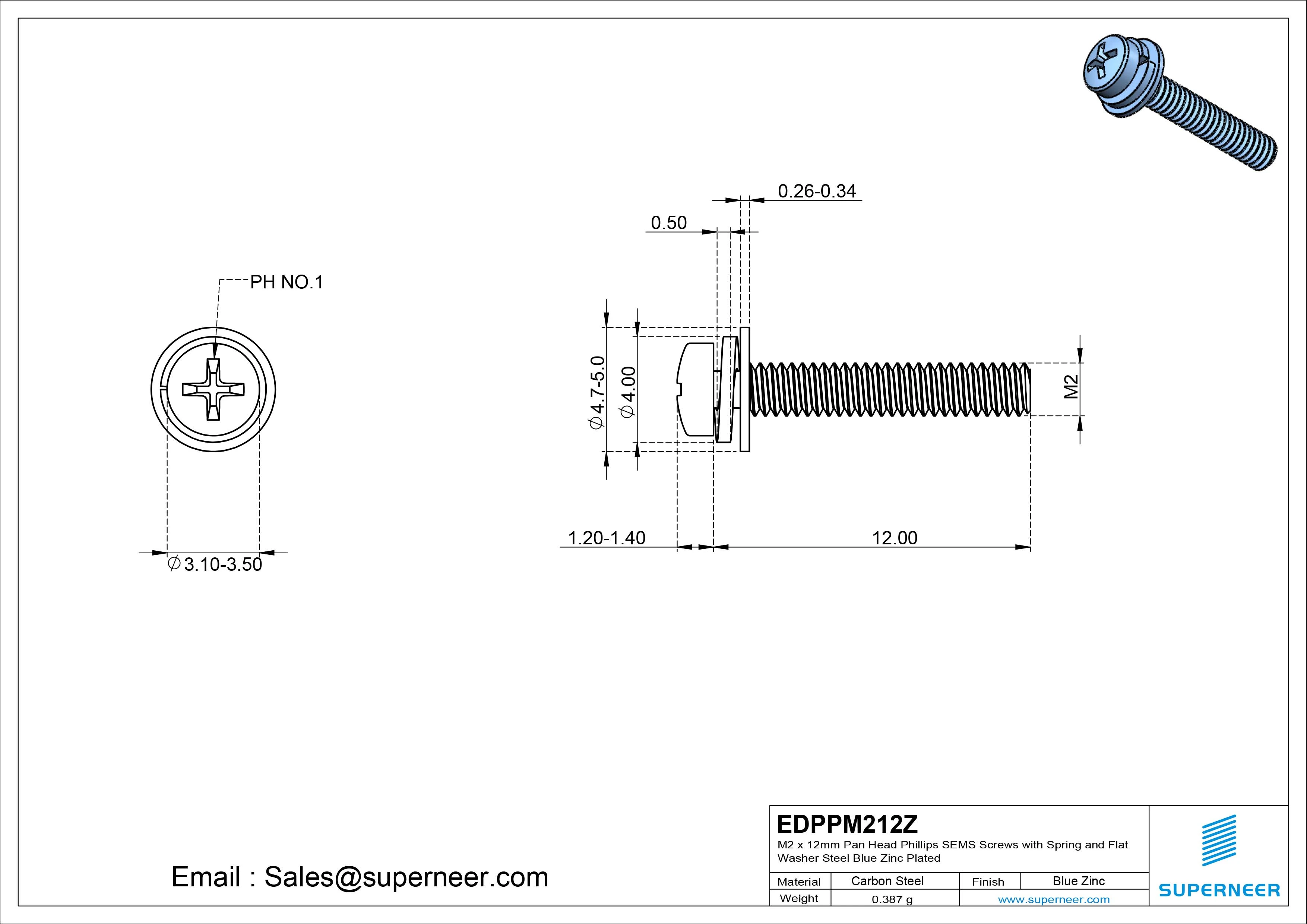 M2 x 12mm Pan Head Phillips SEMS Screws with Spring and Flat Washer Steel Blue Zinc Plated