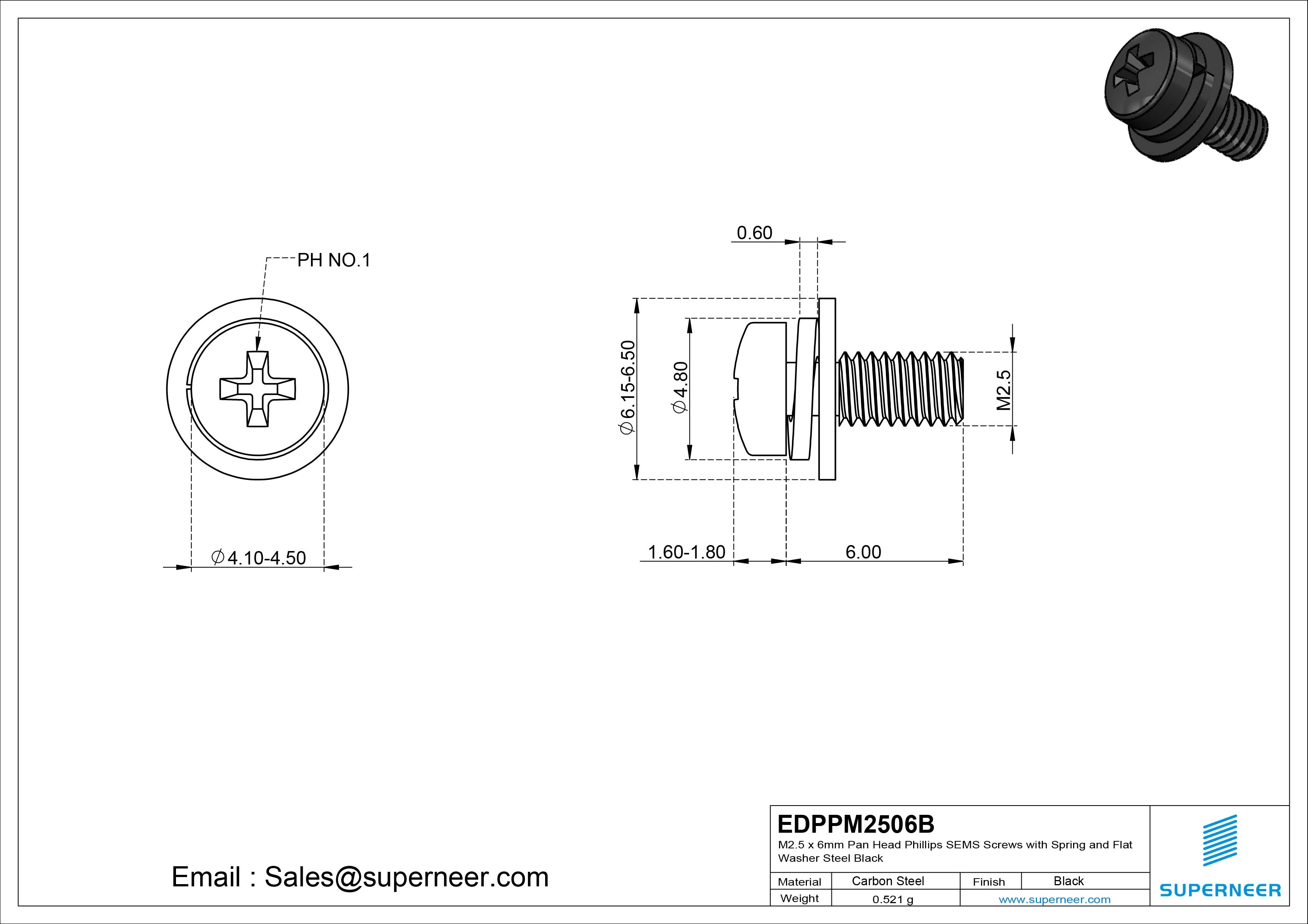 M2.5 x 6mm Pan Head Phillips SEMS Screws with Spring and Flat Washer Steel Black