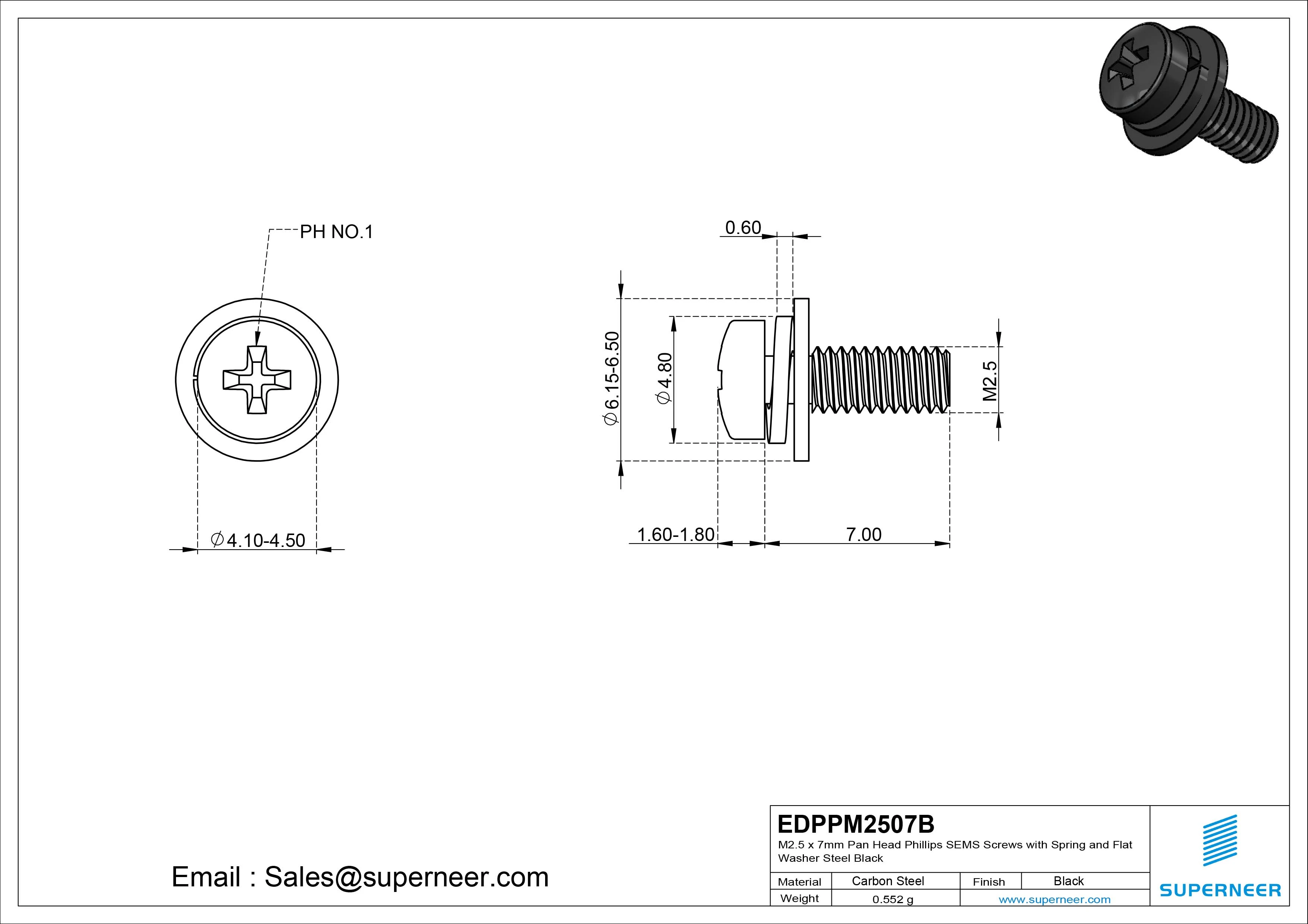 M2.5 x 7mm Pan Head Phillips SEMS Screws with Spring and Flat Washer Steel Black