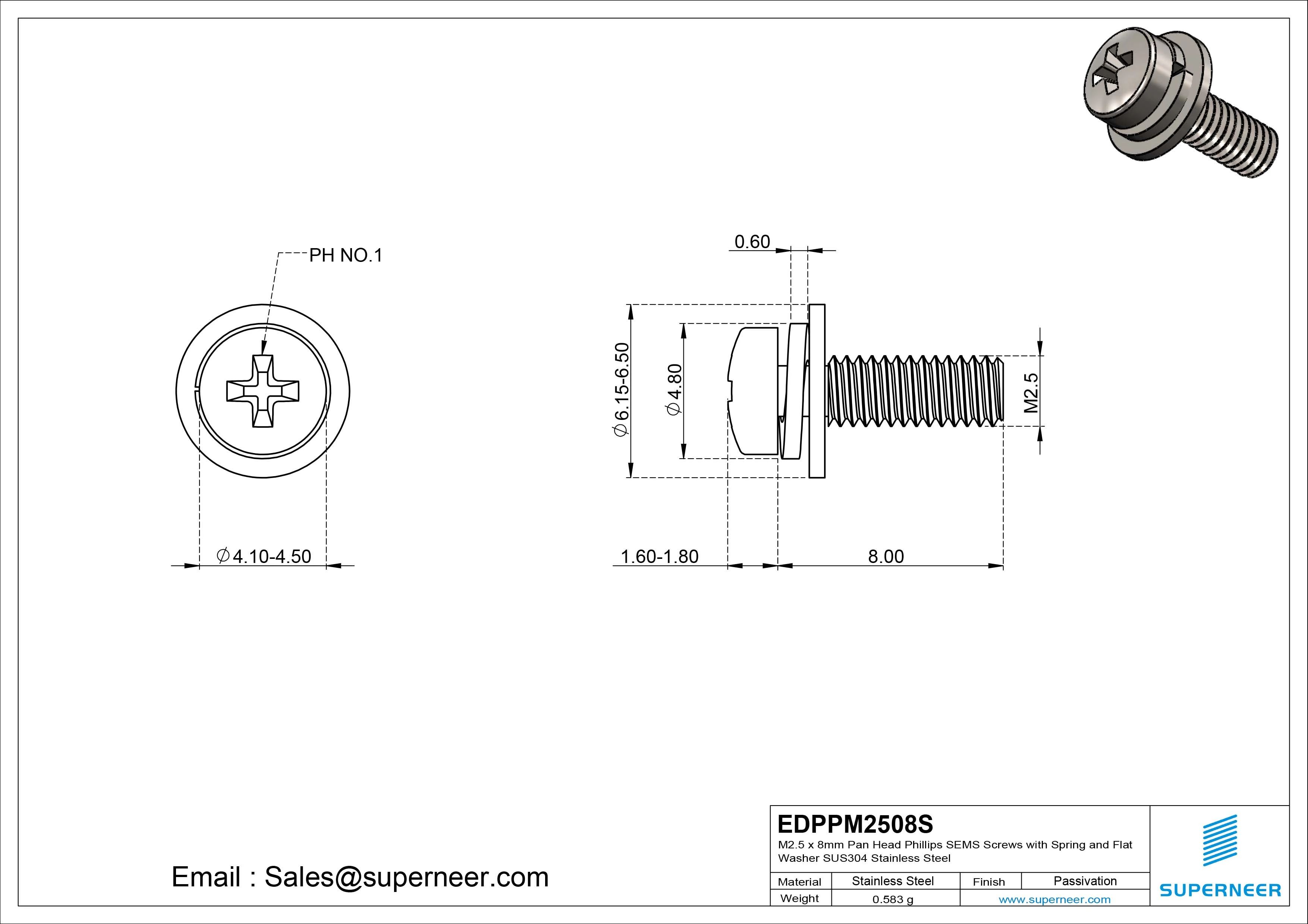 M2.5 x 8mm Pan Head Phillips SEMS Screws with Spring and Flat Washer SUS304 Stainless Steel Inox