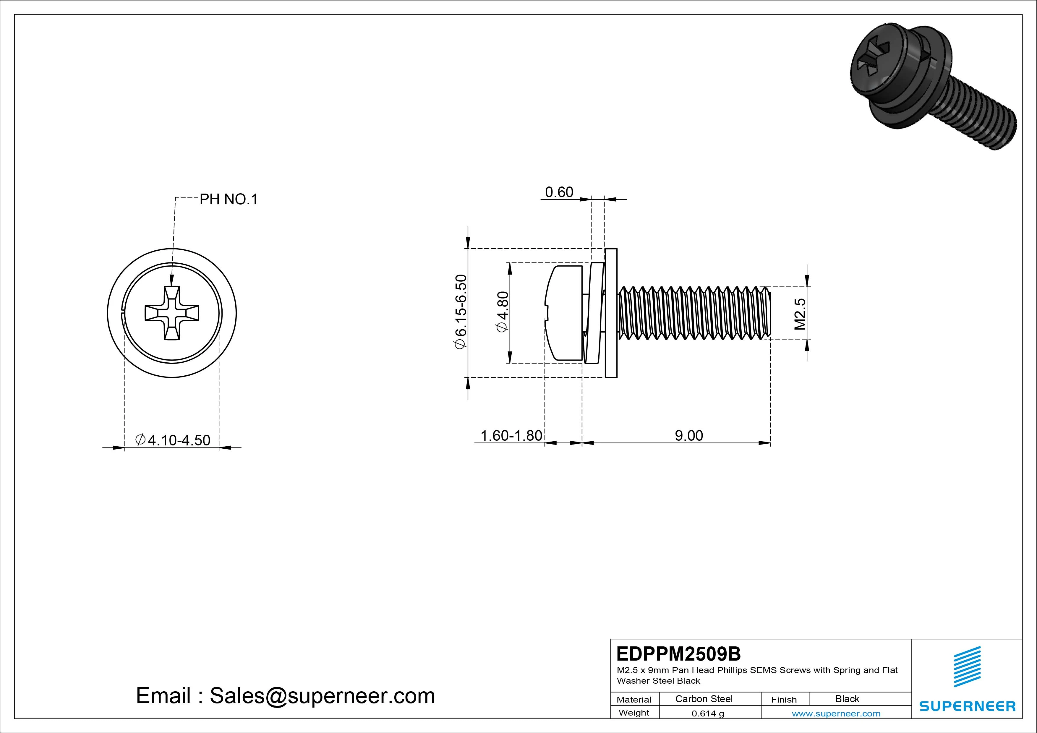 M2.5 x 9mm Pan Head Phillips SEMS Screws with Spring and Flat Washer Steel Black
