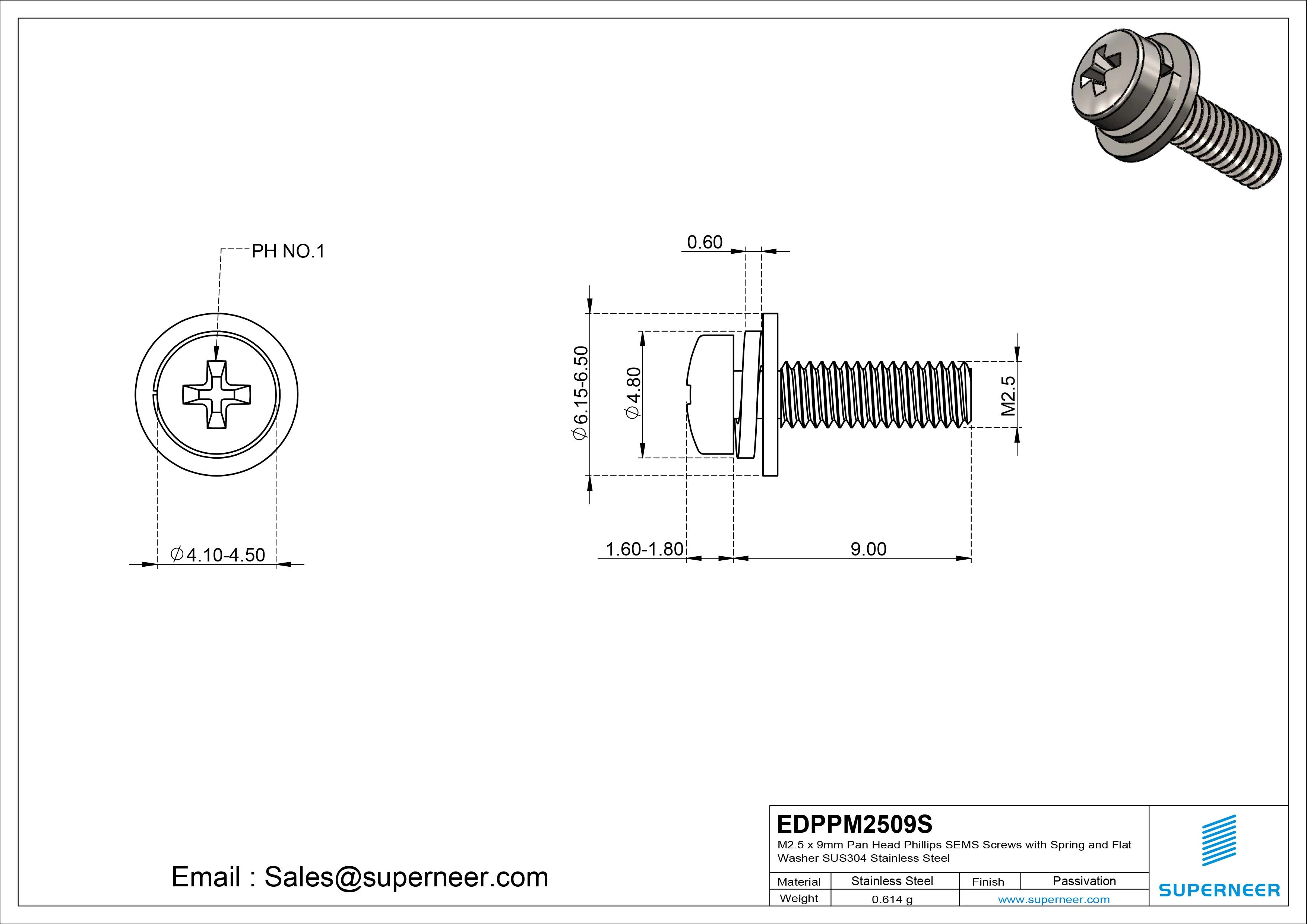 M2.5 x 9mm Pan Head Phillips SEMS Screws with Spring and Flat Washer SUS304 Stainless Steel Inox