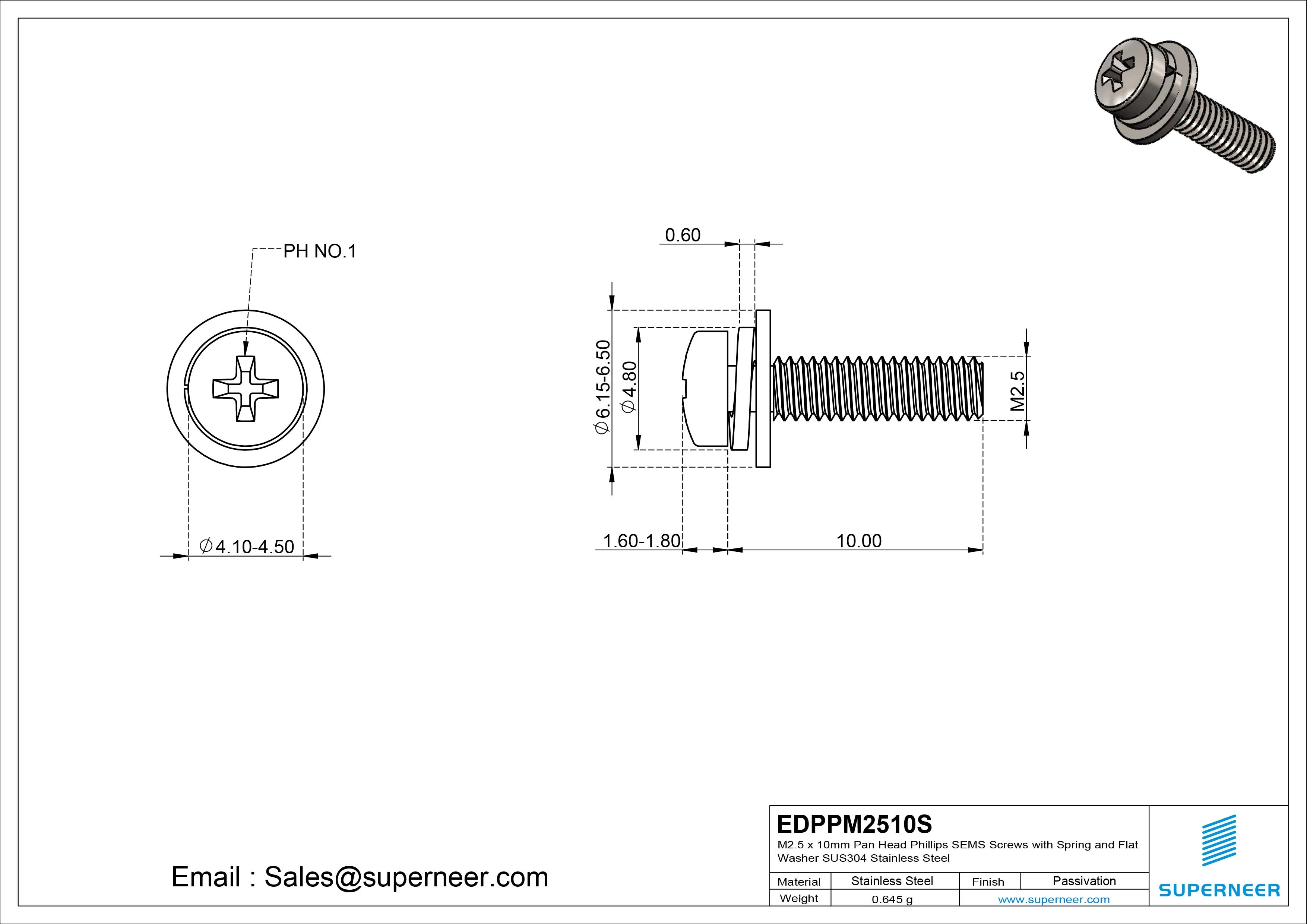 M2.5 x 10mm Pan Head Phillips SEMS Screws with Spring and Flat Washer SUS304 Stainless Steel Inox