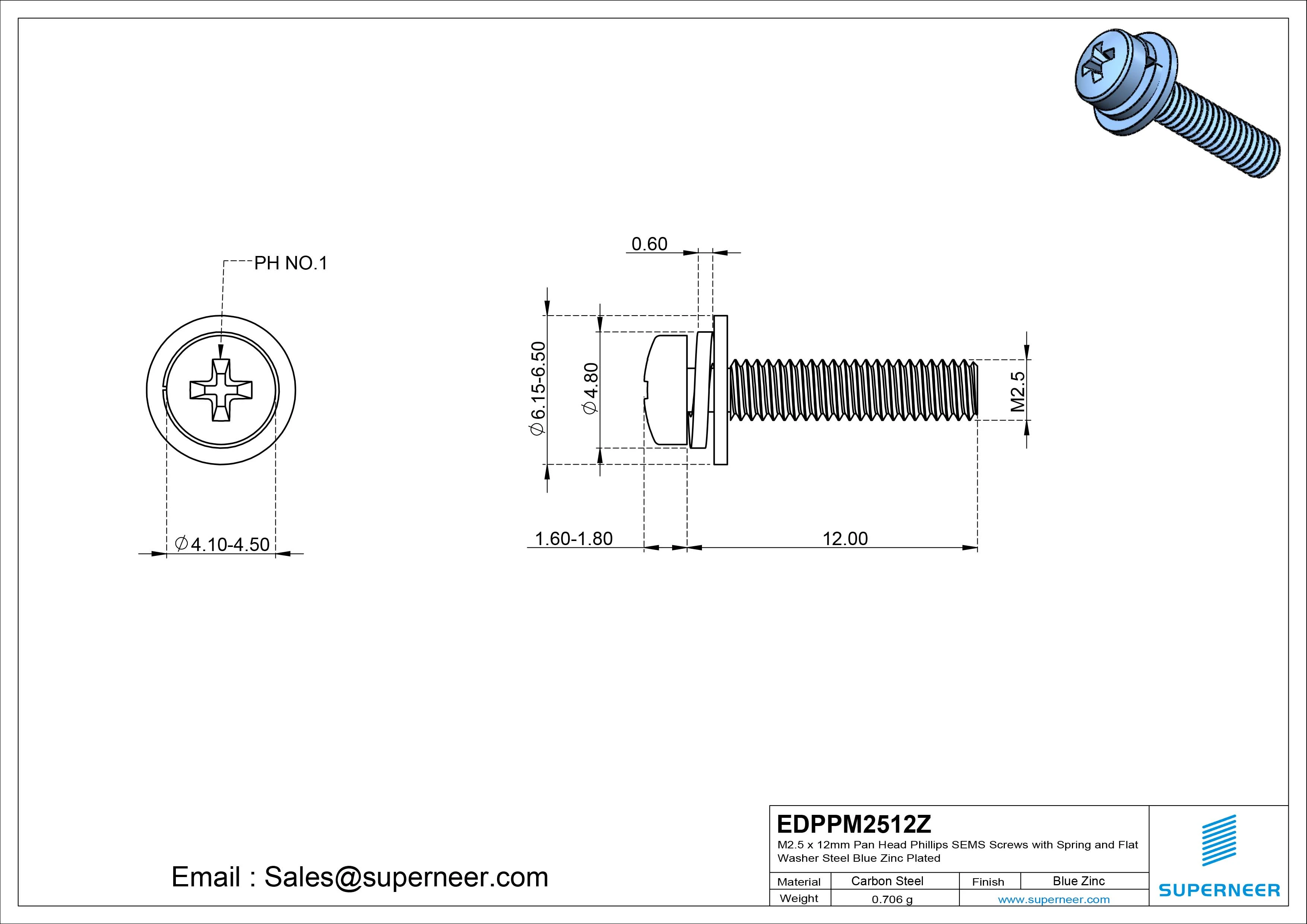 M2.5 x 12mm Pan Head Phillips SEMS Screws with Spring and Flat Washer Steel Blue Zinc Plated
