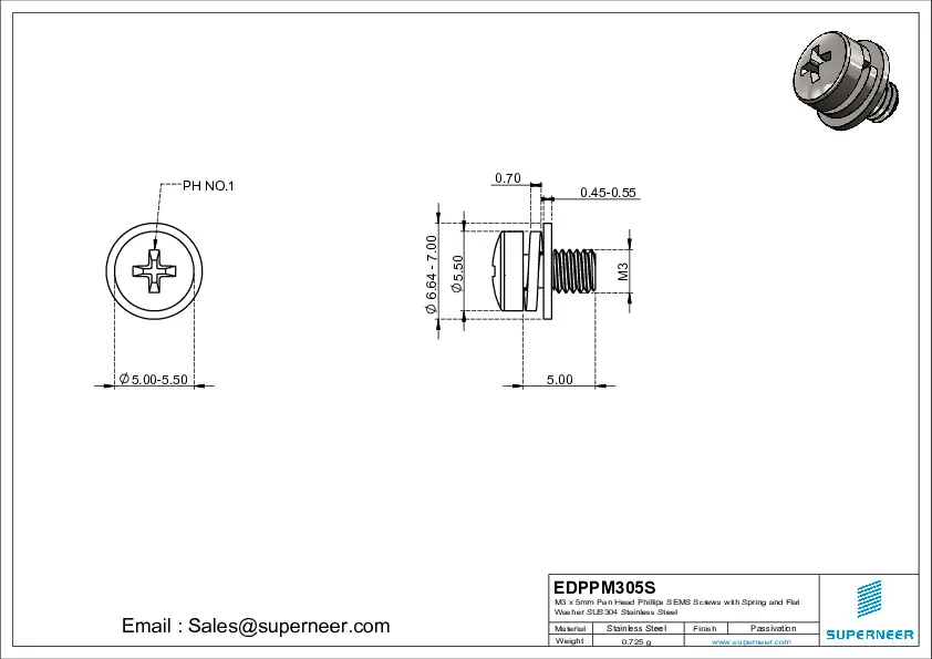 M3 x 5mm Pan Head Phillips SEMS Screws with Spring and Flat Washer SUS304 Stainless Steel Inox